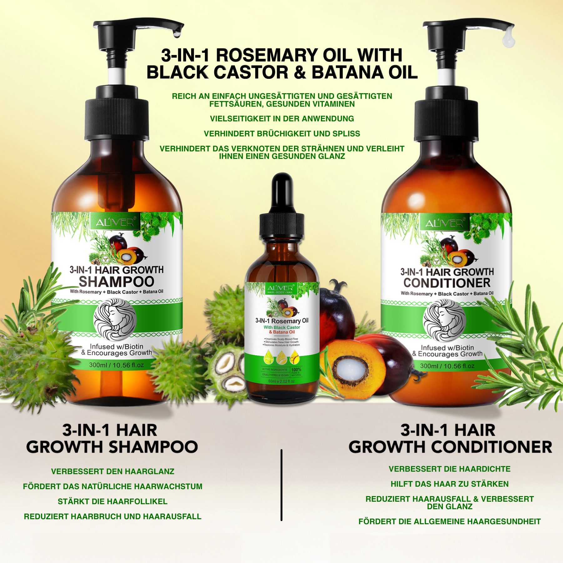 ALIVER Haarpflege-Set Shampoo Conditioner Haaröl mit Biotin Rosmarin Rizinus Batana, Alkoholfrei, Ammoniakfrei, Enthält Mineralien, Enthält Vitamine