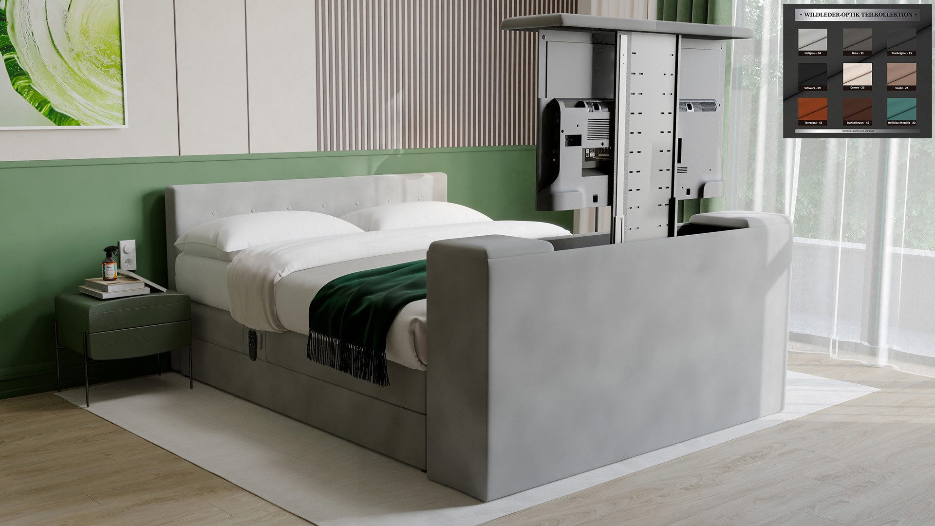PAARA Boxspringbett mit TV Lift elektrisch verstellbar mit Motor mit alles - Modell 25GM, mit Belüftungssystem