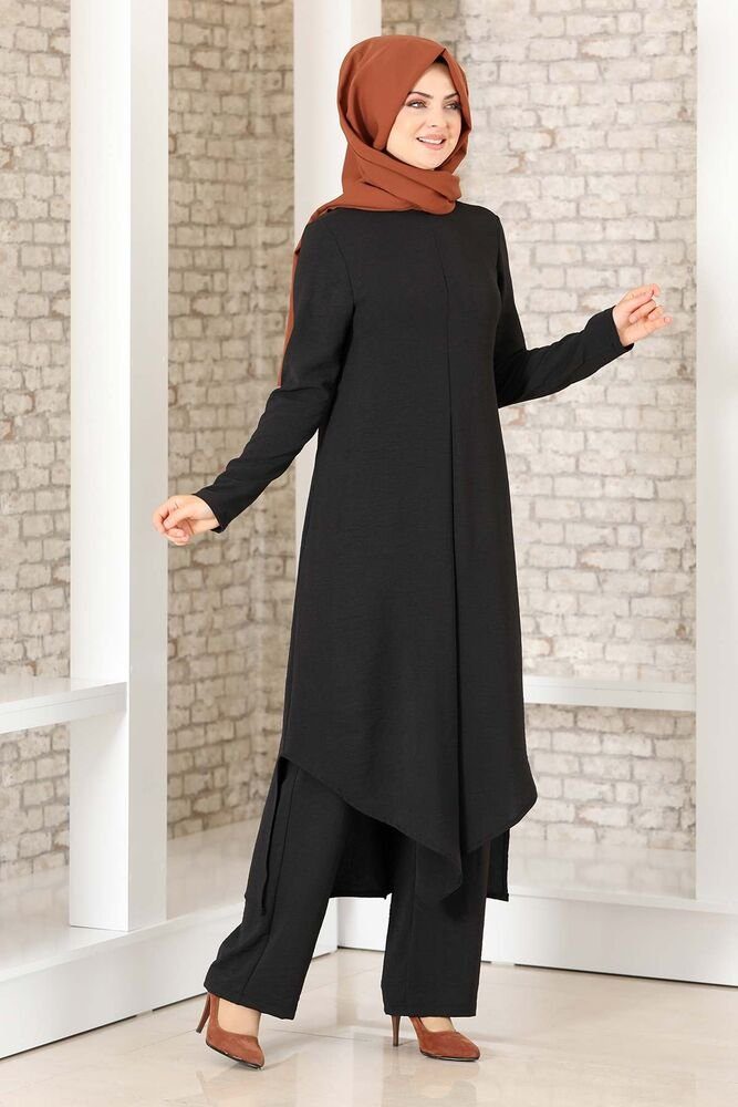 Modavitrini Longtunika Damen Anzug Zweiteiler lange Tunika mit Hose Hijab Kleidung voll bedeckt Schwarz