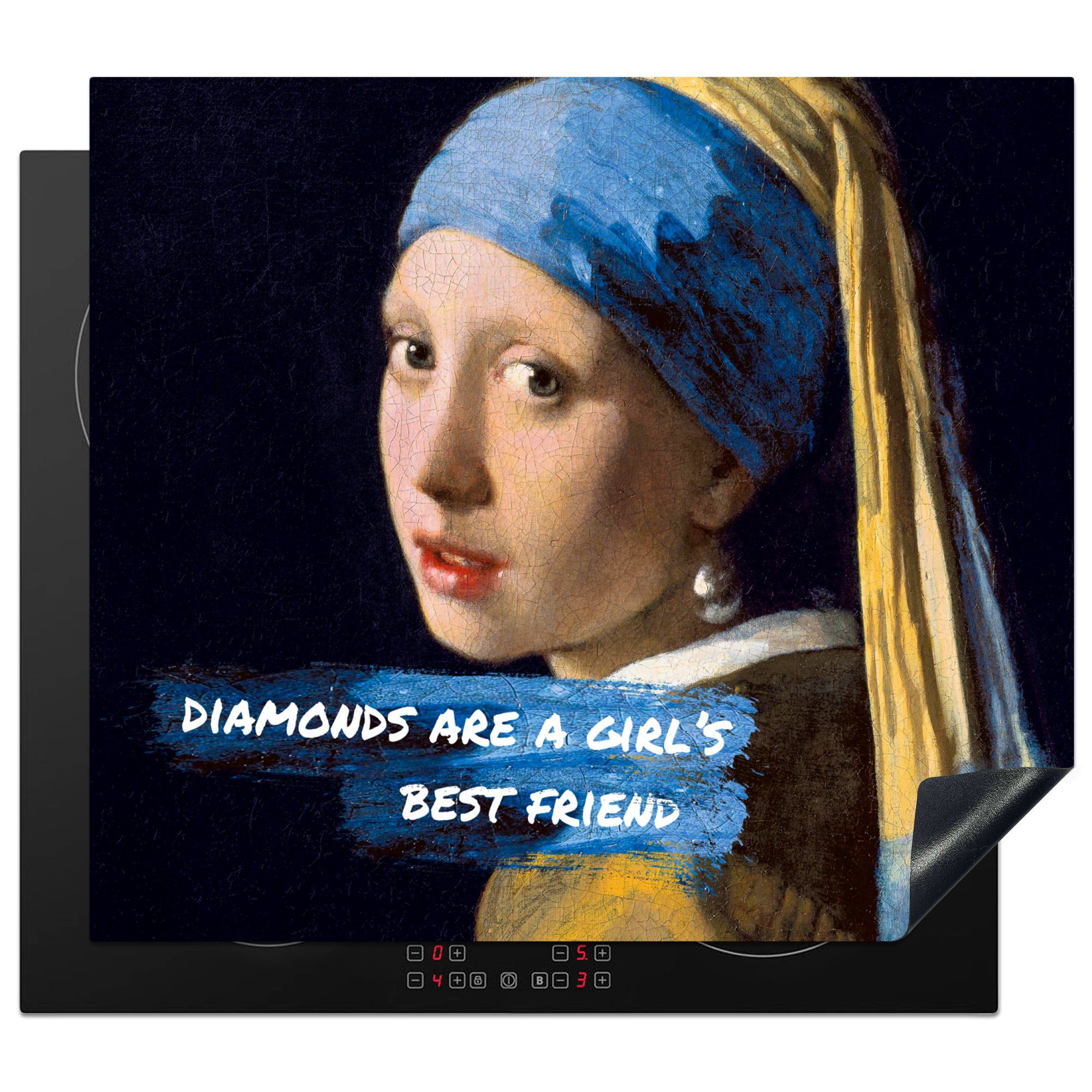 MuchoWow Herdblende-/Abdeckplatte Vermeer - Das Mädchen mit dem Perlenohrring - Zitat, Vinyl, (1 tlg), 59x52 cm, Ceranfeldabdeckung für die küche, Induktionsmatte