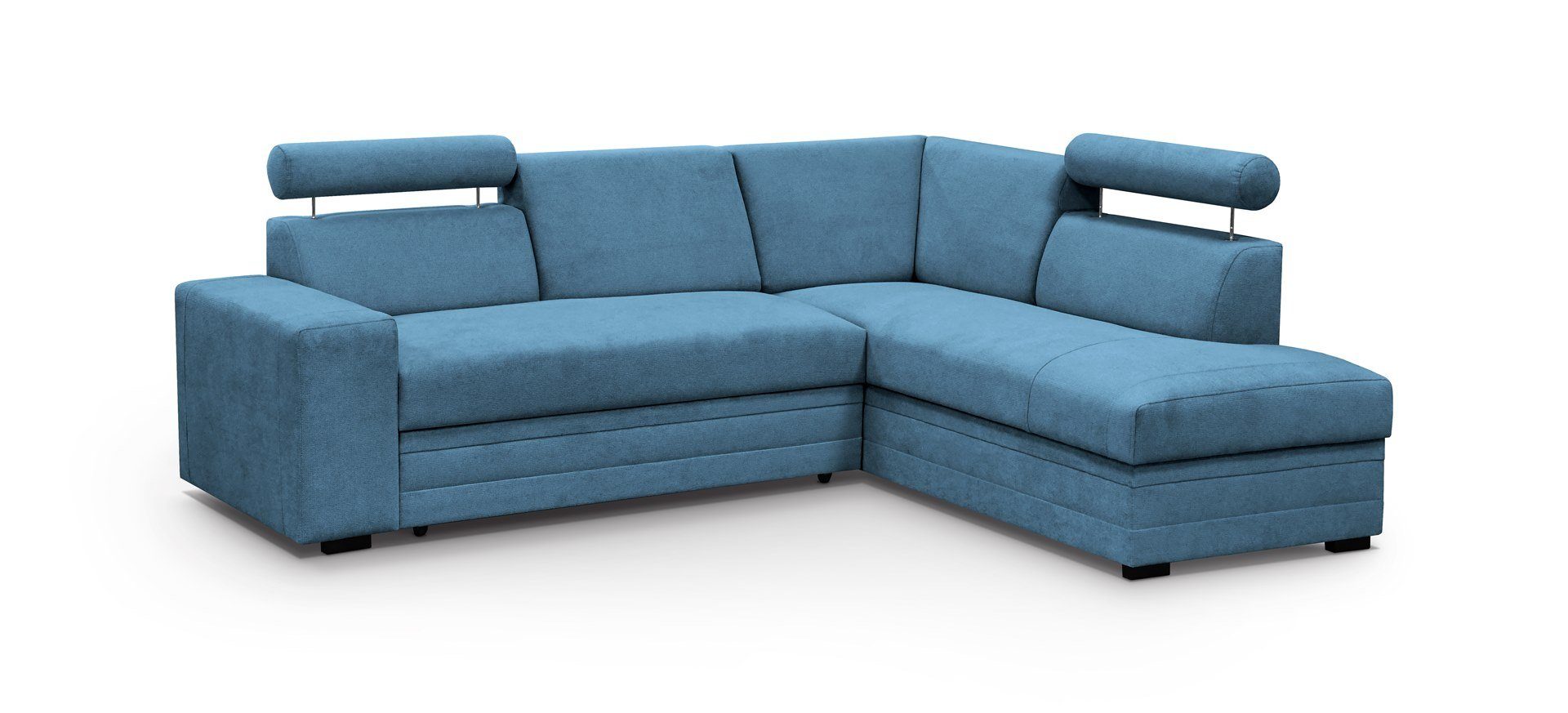 Beautysofa Ecksofa Roma, 250 cm breite L-Form Polsterecke, Schlaffunktion, Bettkasten, verstellbare Kopfstützen Blau (vardo 87) | Ecksofas