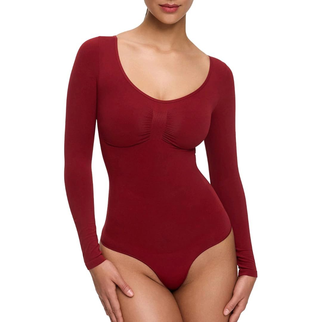 cfab by creamy fabrics Miederbody Bodysuit Sculpting Shapewear Longsleeve mit String-Wine Red-XS (1-tlg) Figurformend