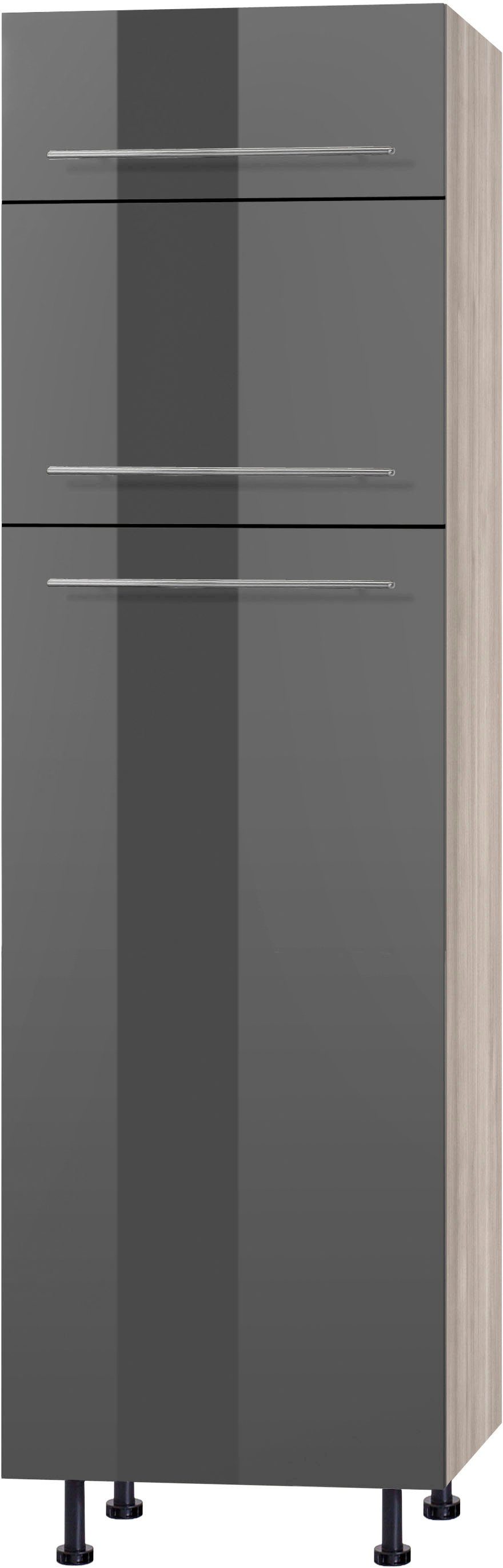 Bern 60 cm Kühlumbauschrank | mit OPTIFIT hoch, akaziefarben Stellfüßen Hochglanz/akaziefarben höhenverstellbaren grau breit, 212 cm
