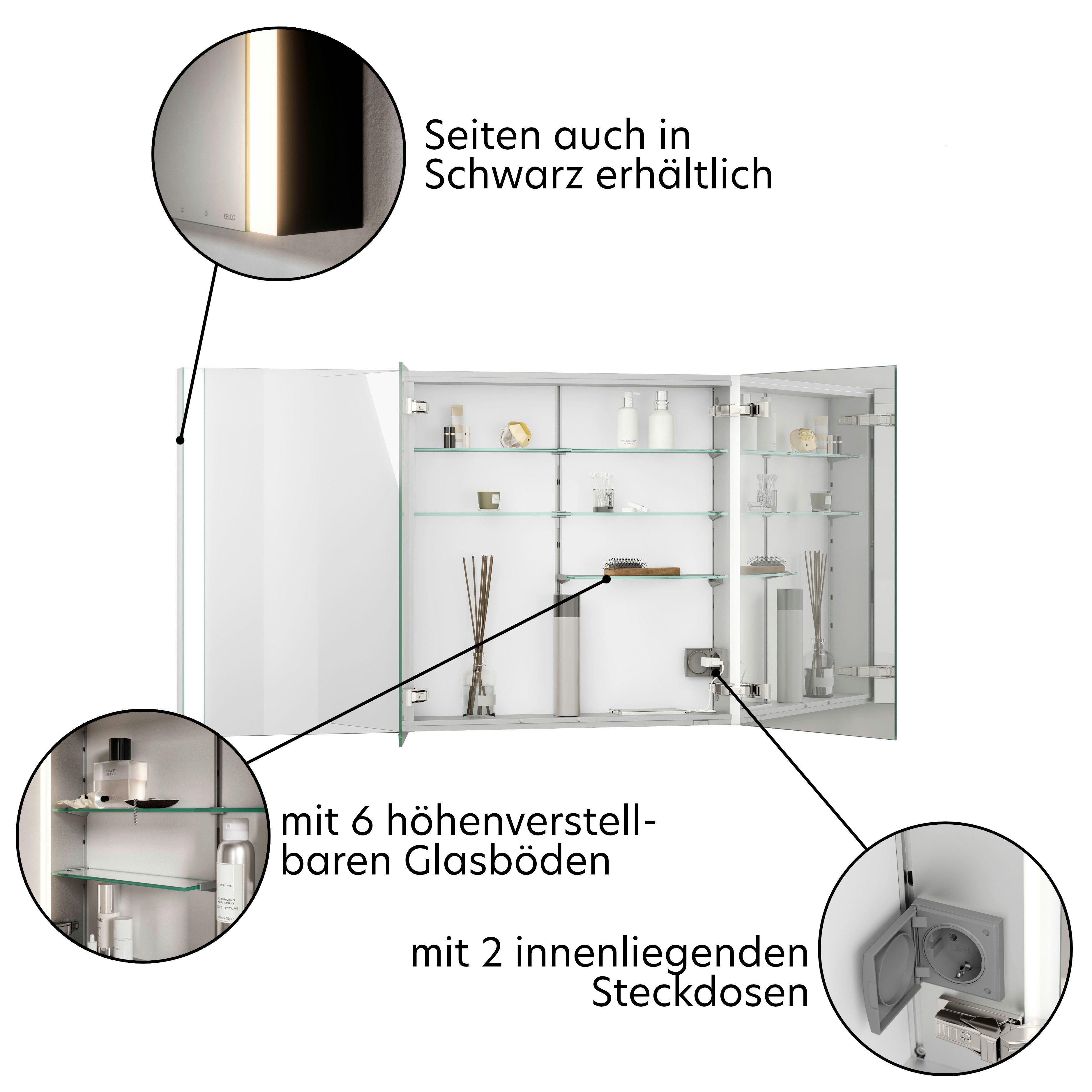 Keuco Badezimmerspiegelschrank Royal Finn mit LED-Beleuchtung 120 cm, Unterputz, mit 3 Türen, aus Aluminium, Seiten verspiegelt