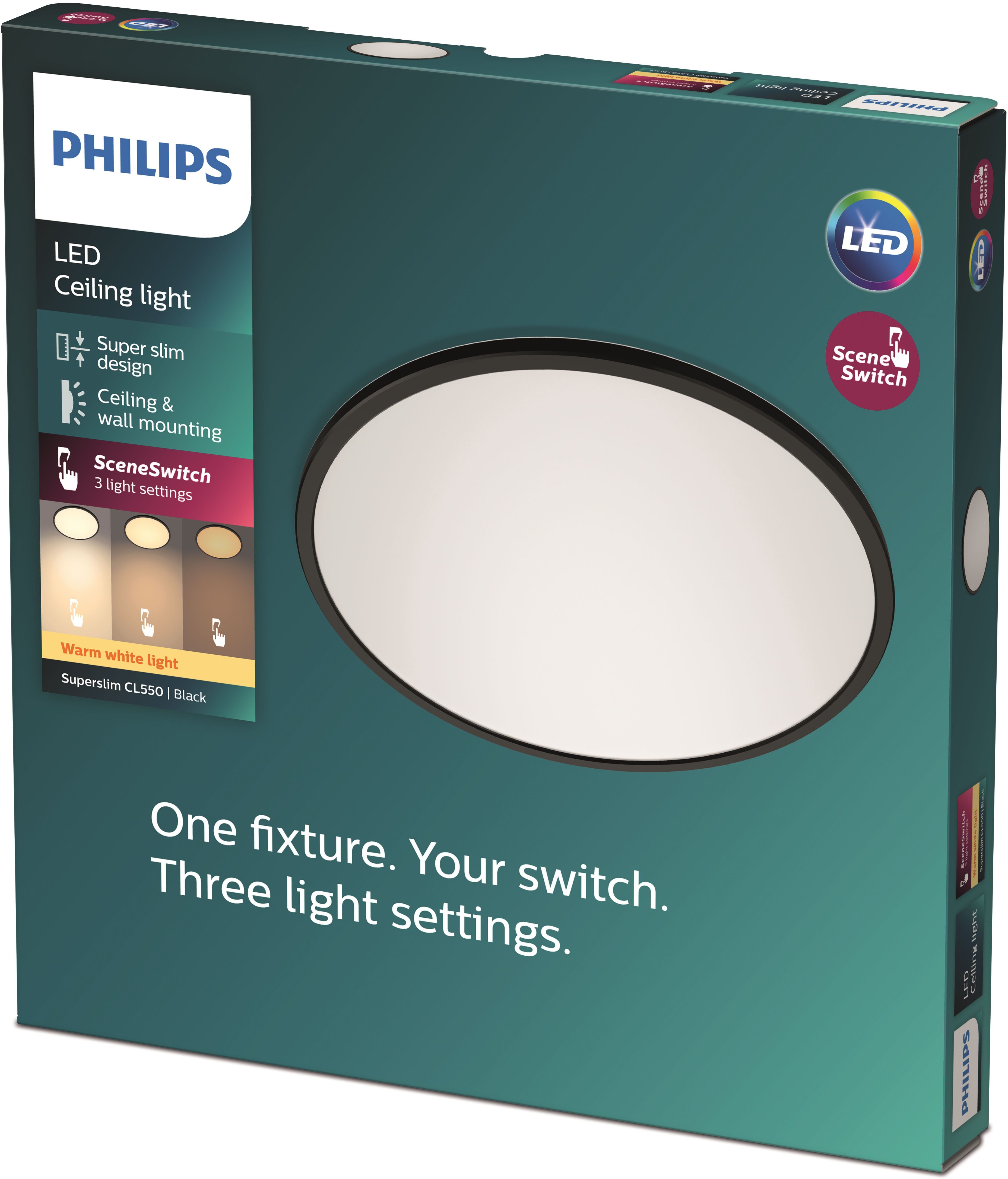 Philips LED Deckenleuchte Superslim 3-in-1 LED Leuchte CL550, IP44, 2700K, Dimmfunktion, Memoryfunktion, dimmbar über Fernbedienung, mehrere Helligkeitsstufen, LED fest integriert, Warmweiß, SceneSwitch, warmweiß, LED, dimmbar mit Lichtschalter