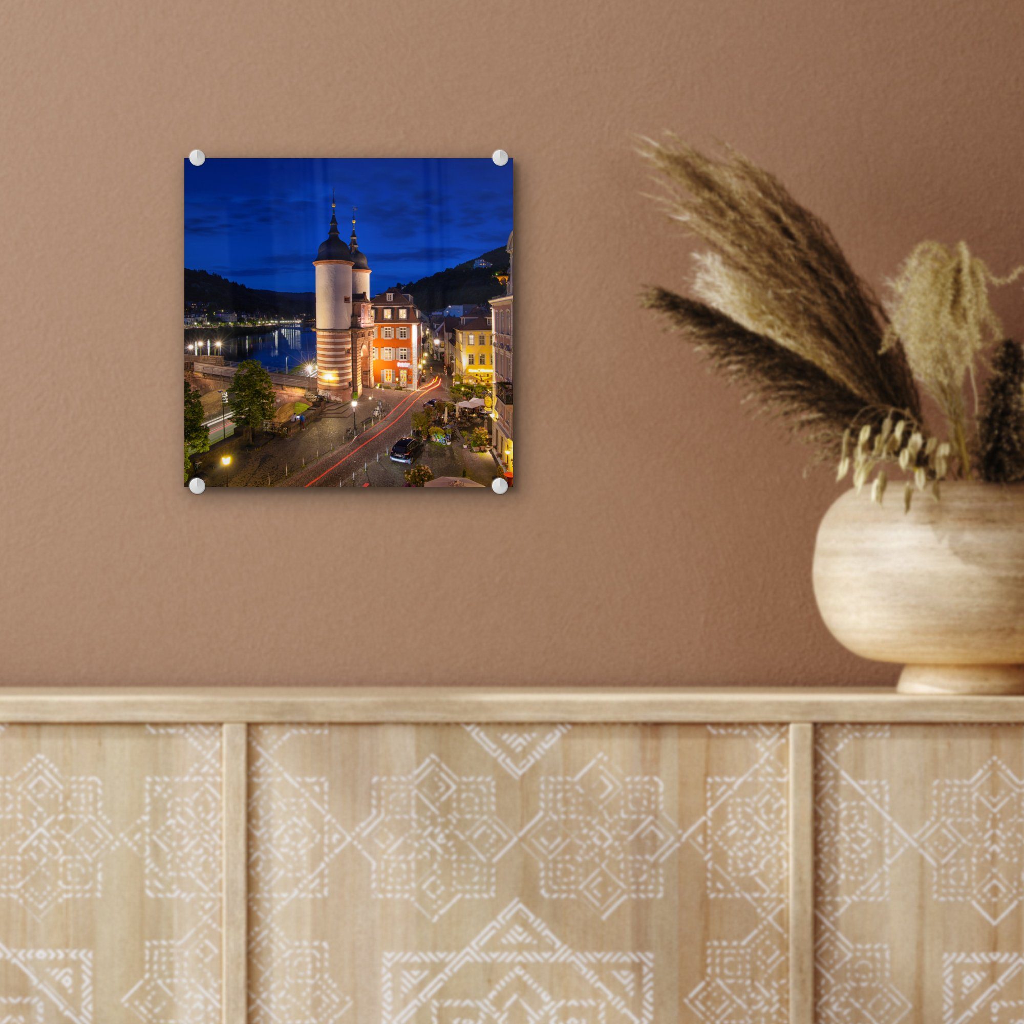 (1 MuchoWow - deutsche Heidelberg Wanddekoration auf St), - Glasbilder Wandbild Abend, Die - Glas Glas Foto Stadt Acrylglasbild am auf Bilder