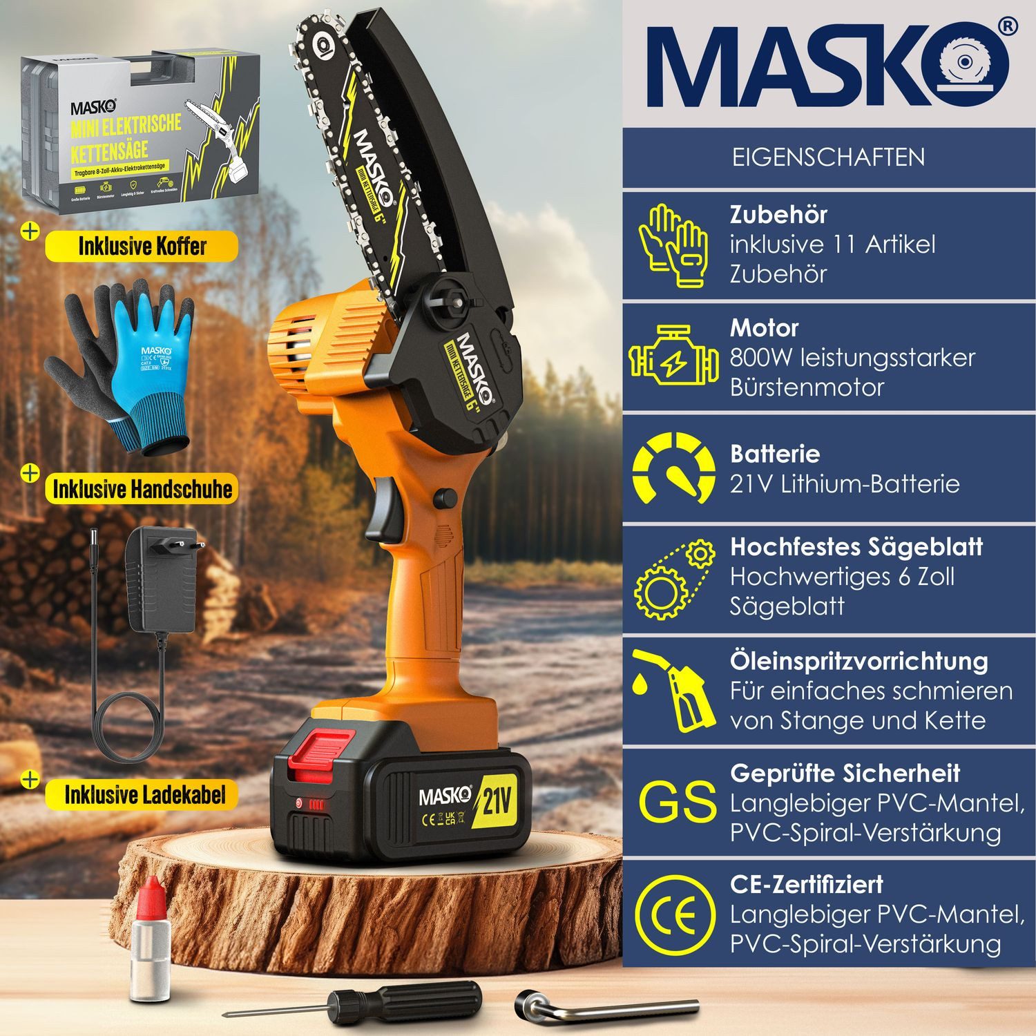 MASKO Akku-Kettensäge Mini Kettensäge 800W Elektrische Motorsäge mit Automatischem Ölsystem, Inkl. Koffer, 2x 4000mAh Akkus, 2x extra Ersatzketten & Handschuhe, 8000mAh Handkettensäge für Astschnitte & Holzarbeiten