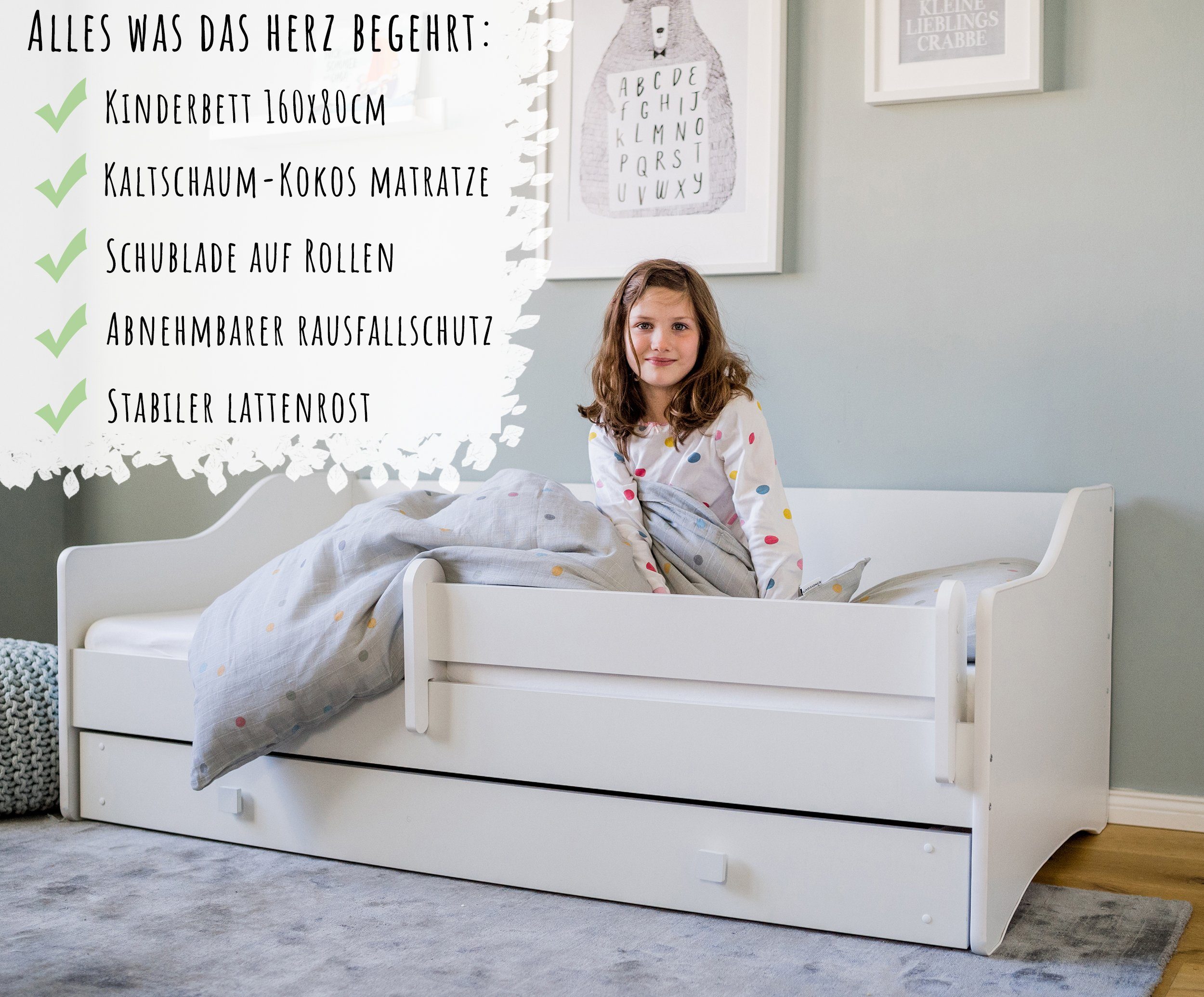 Kids Collective Kinderbett Jugendbett 80x160 80x180 cm mit Matratze, Schublade & Rausfallschutz, Komplettbett, 160 x 80 cm, mit punktelastischer Matratze
