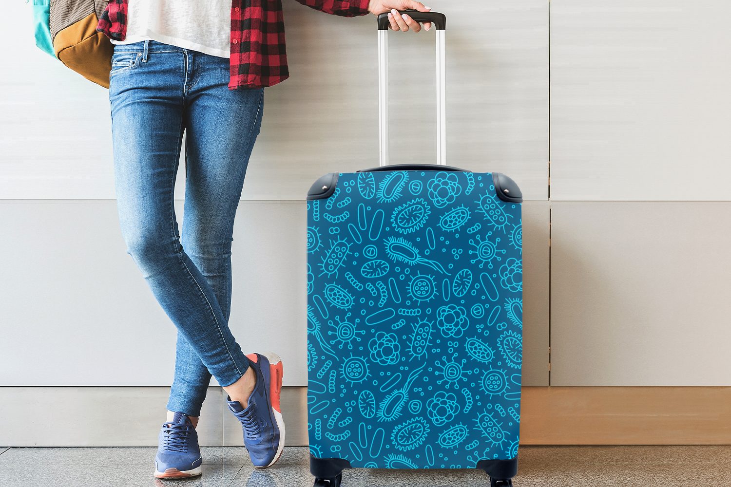 Viren rollen, 4 Reisetasche für Bakterien Ferien, - Handgepäck Handgepäckkoffer Reisekoffer - Rollen, Trolley, Design, MuchoWow - mit Blau
