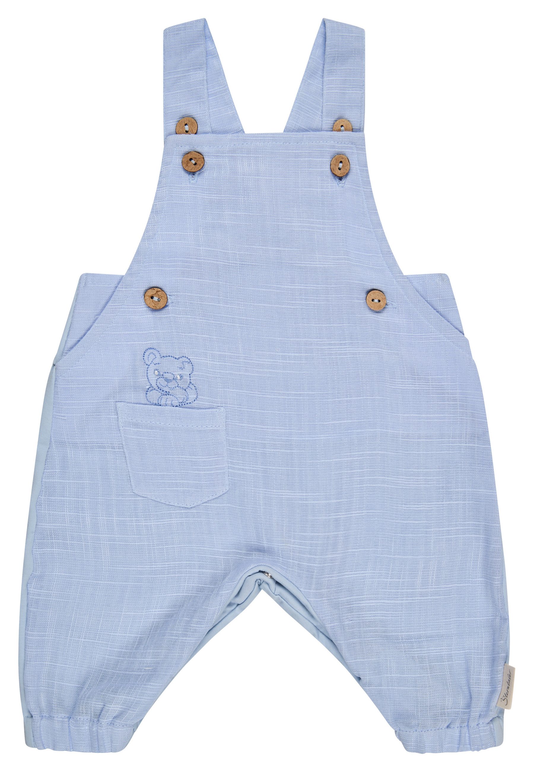 Sterntaler® Strampler Latzhose Leinenoptik (1-tlg) Latzhose in Leinenoptik, Jersey-Rücken, Tasche & Löwenstickerei