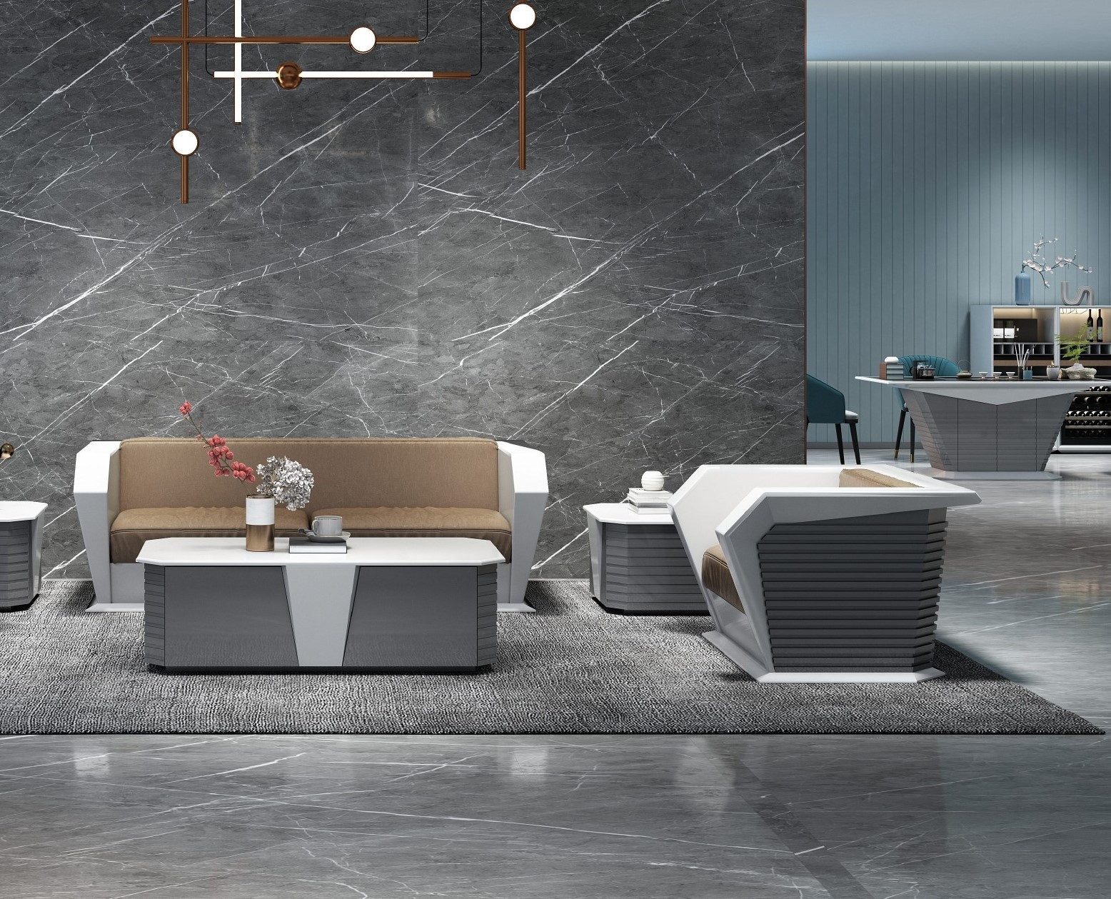 JVmoebel Polstergarnitur JVMoebel Sofa-Set mit Kunstleder und Couchtisch in Braun/Grau/Weiß, (Set, 3-tlg)