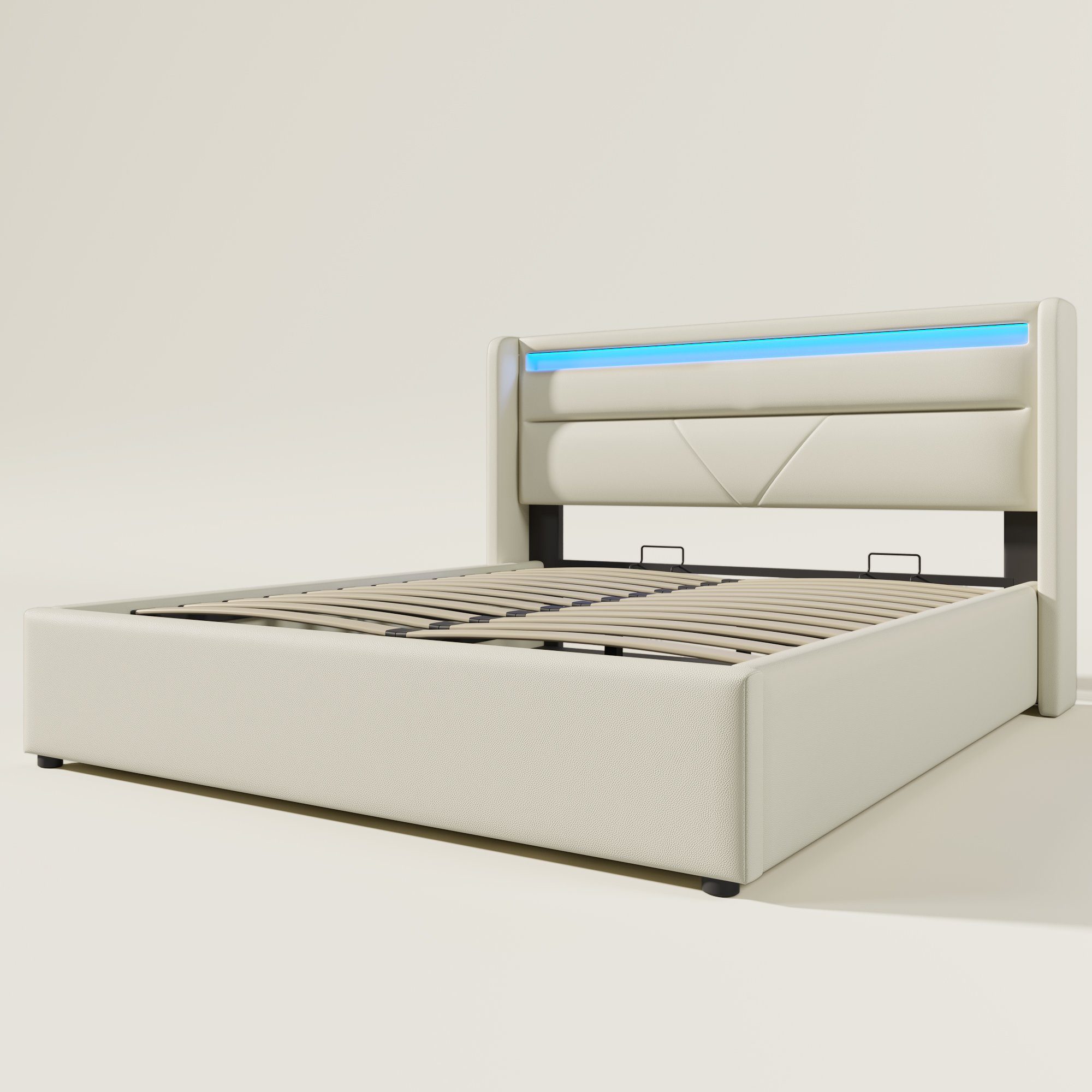Boxspringbett (Funktionsbett, Polsterbett mit Bettkasten und Lattenrost, inkl. LED-Beleuchtung), Hydraulisches Stauraumbett Doppelbett 160x200cm, Bezug aus Kunstleder