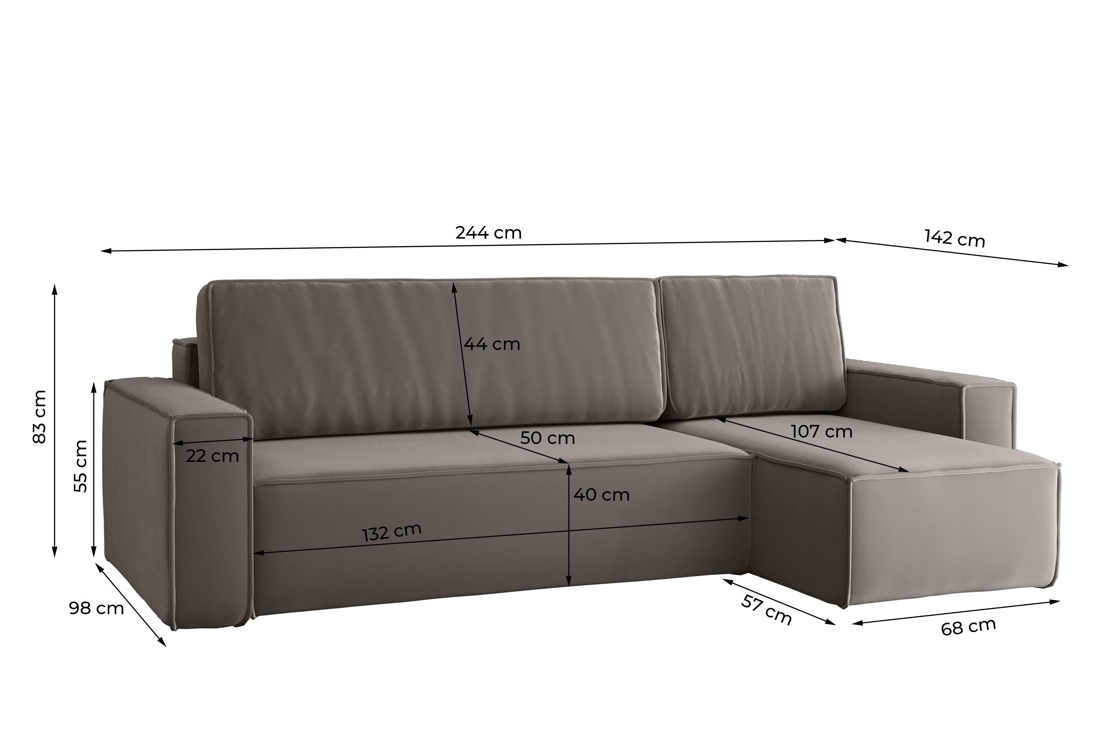 Friderik-EU Ecksofa KARL Ausklappbare 10 Swing Couch Schlaffunktion Bettkasten, aus mit mit Samtstoff