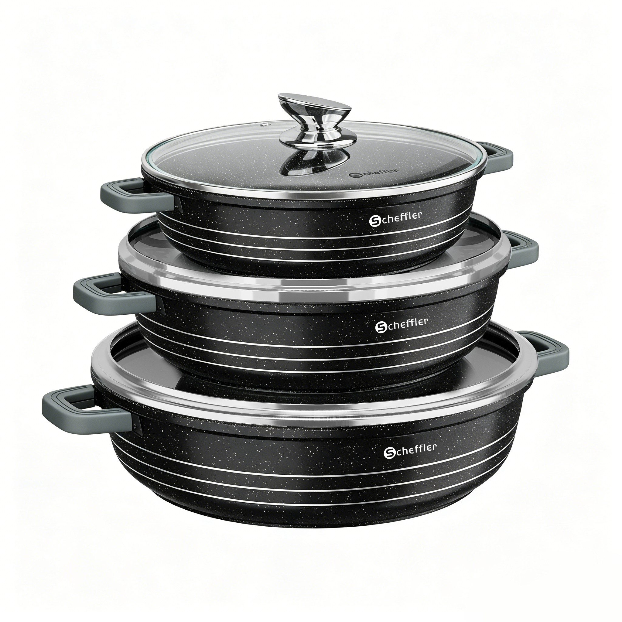 Scheffler Topf-Set 6-tlg Kochtopf Set Induktions Servierpfanne Antihaftbeschichtung, Aluminium (Topf), mit Glasdeckel