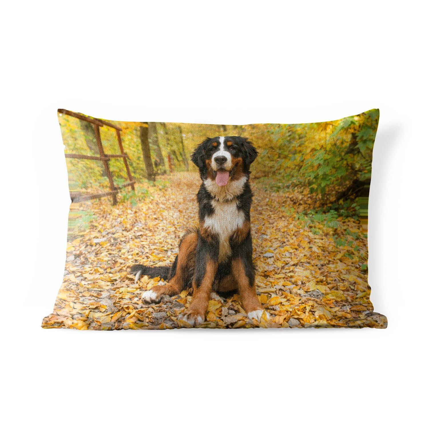 MuchoWow Dekokissen Ein Berner Sennenhund mit schönem Herbstlaub, Outdoor-Dekorationskissen, Polyester, Dekokissenbezug, Kissenhülle
