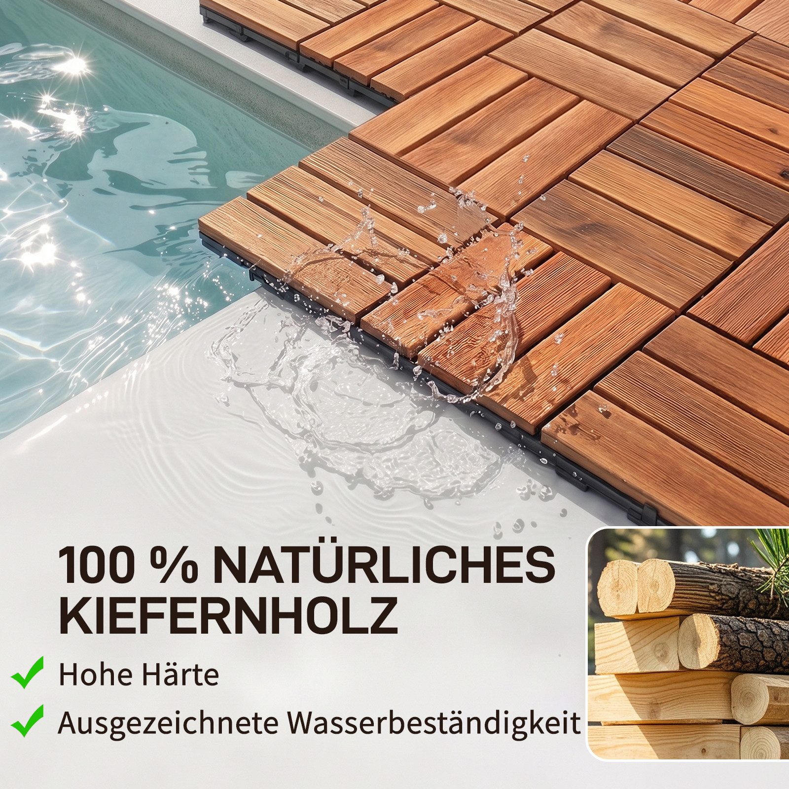 LEADZM Terrassendielen Terrassenfliesen 11er Set Klicksystem 30x30cm, Holz, 1,00 m², BxL: je 30,00x30,00 cm, 2,30 mm Stärke, (11-St), Kiefernholz, wasserabweise – Bild 3 von 5