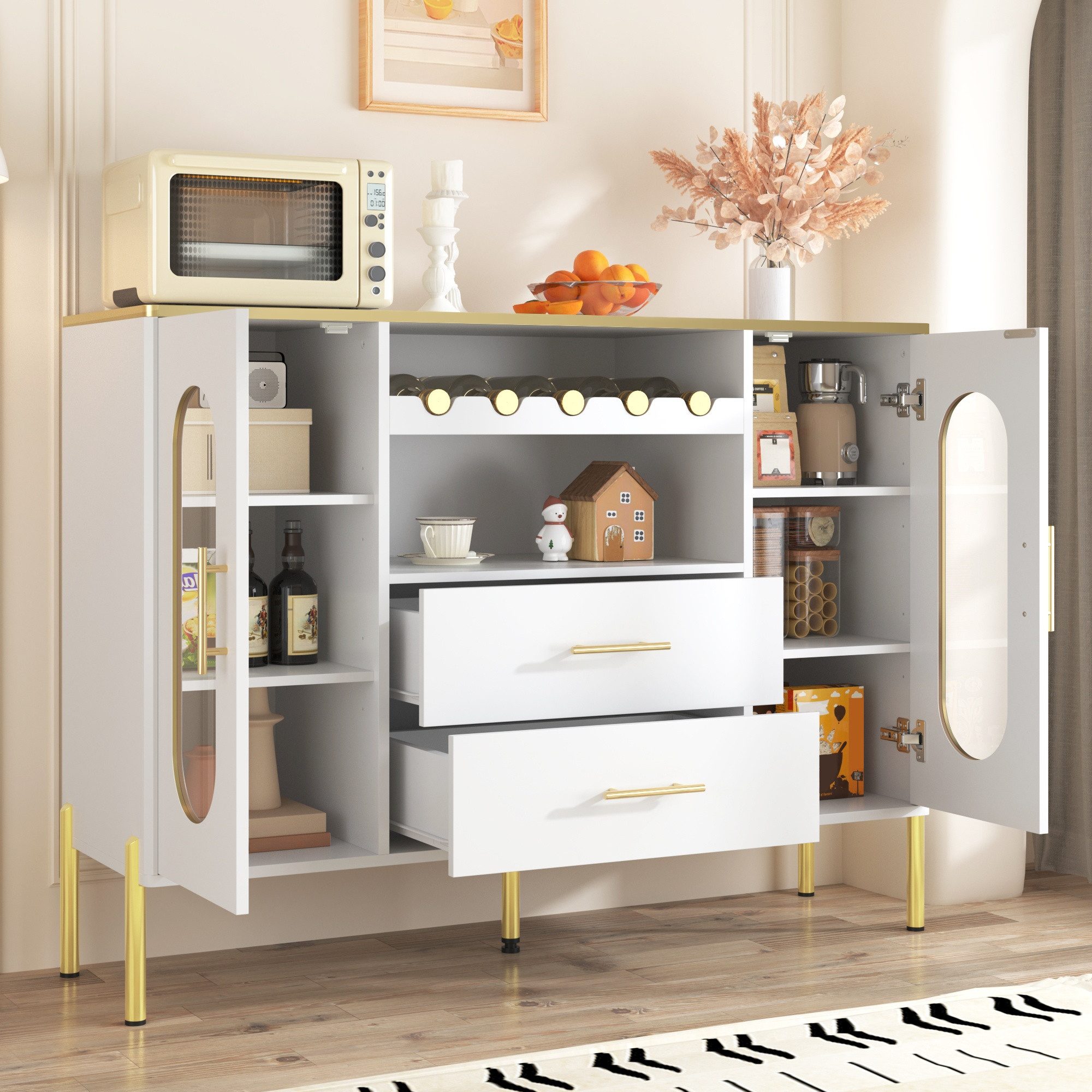 IDEASY Sideboard Weißes Sideboard: Glasfront, Weinregal & Stauraum