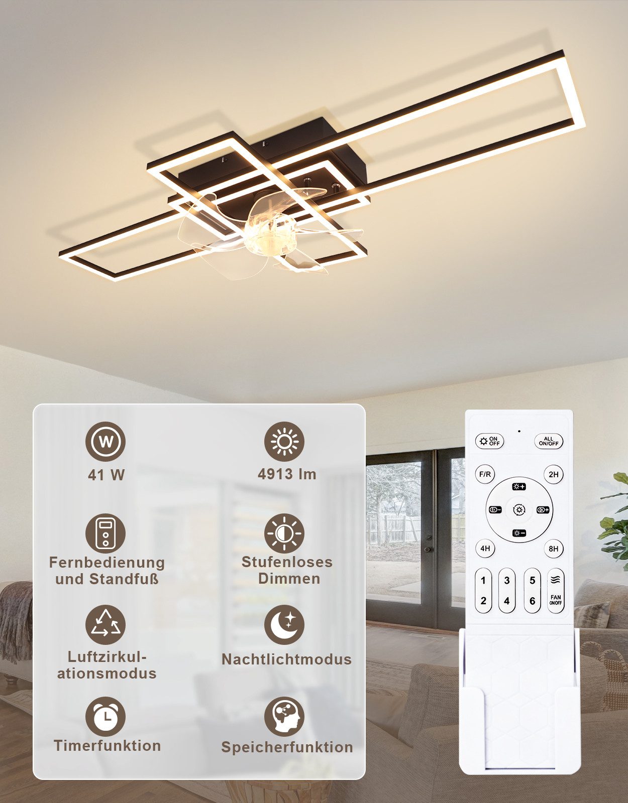 Nettlife Deckenventilator Beleuchtung Schwarz LED Deckenlampe 6 Stufen Fernbedienung leiser, Deckenventilator moder für Wohnzimmer, Esszimmer, Schlafzimmer