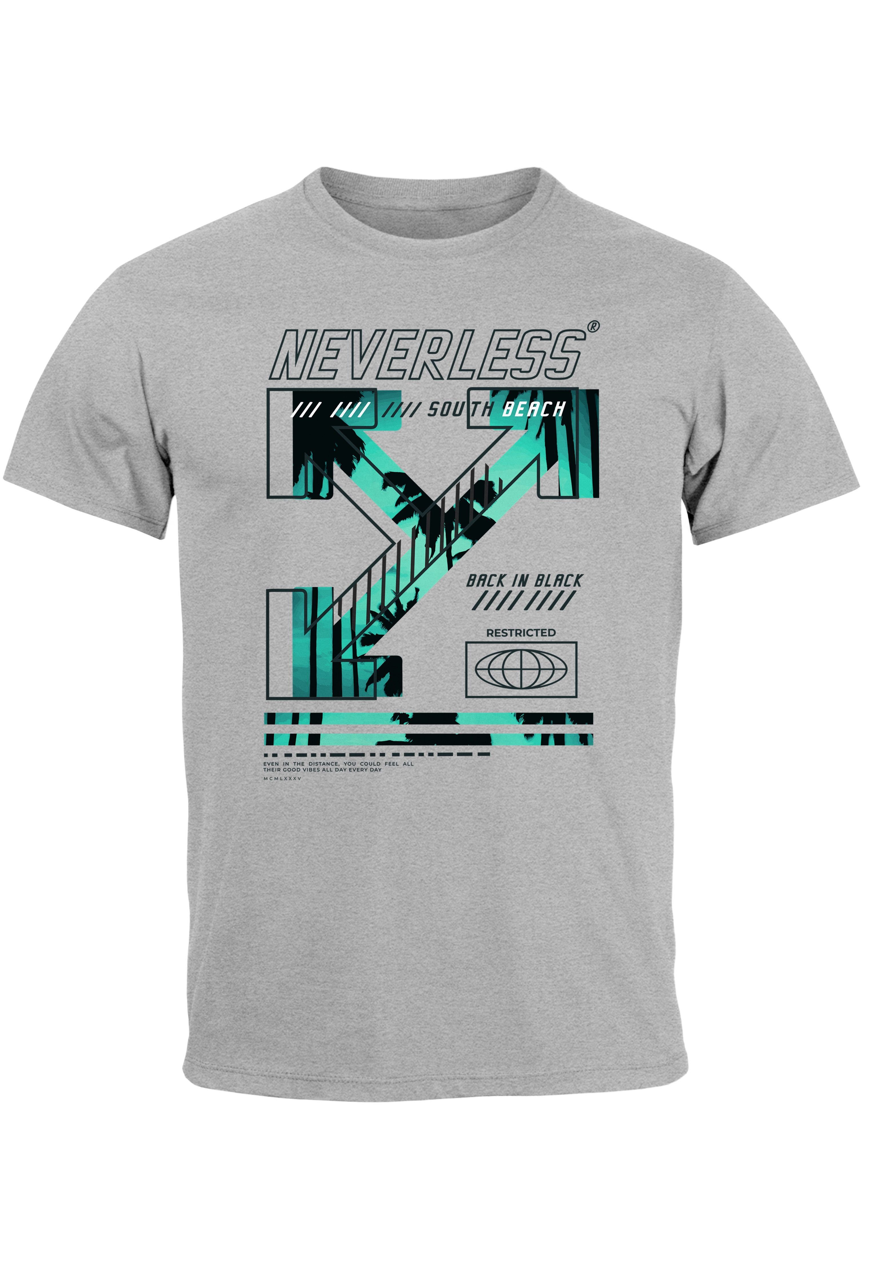 Neverless Print-Shirt Herren T-Shirt Text Print Aufdruck South Beach Techwear Fashion Street mit Print grau