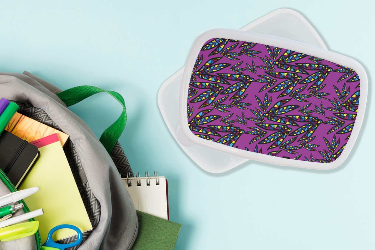 MuchoWow Lunchbox Federn - Kunststoff, für weiß und - Jungs - Brotbox Federn Lila, Erwachsene, und Mädchen für Muster (2-tlg), Brotdose, Kinder