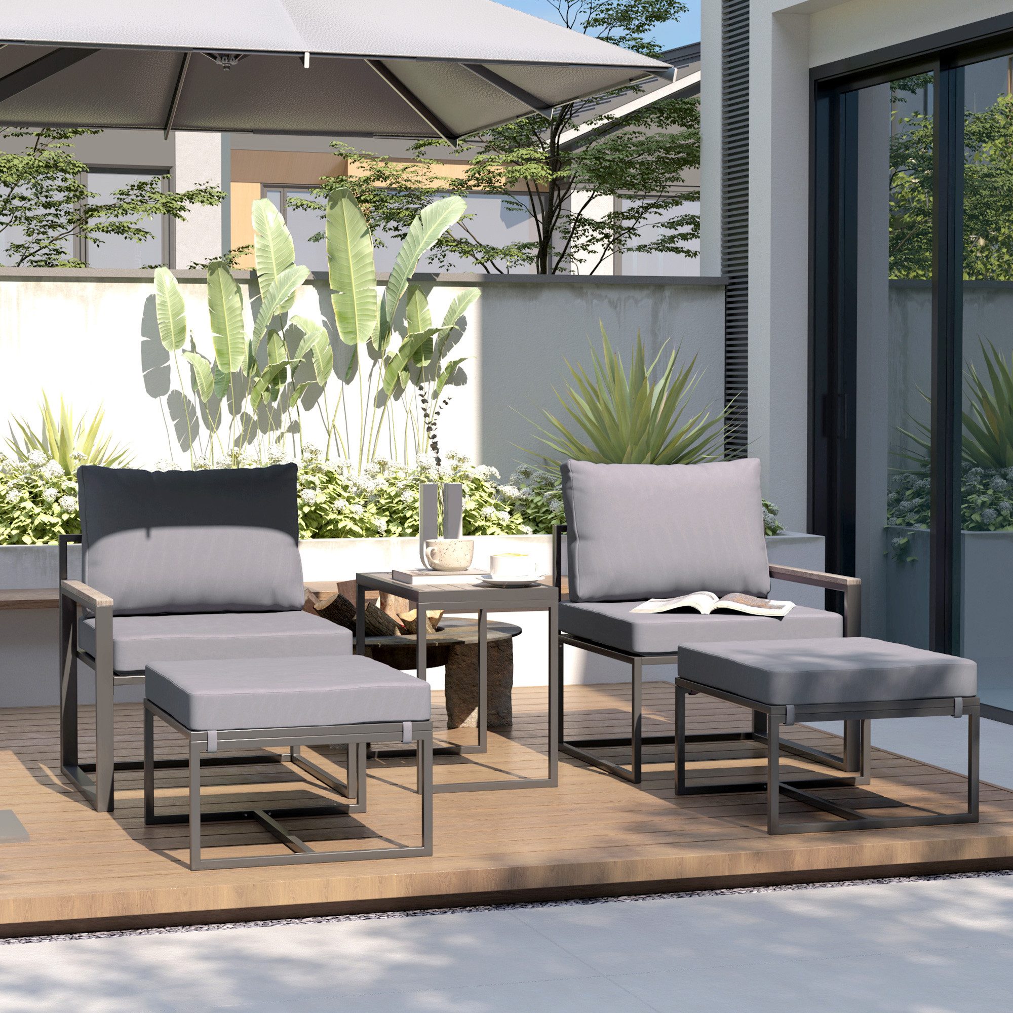 Outsunny Sitzgruppe Gartenmöbel Set 2 Personen Stahl mit 2 Sessel Terrassenmöbel, (Gartenmöbel-Set, 5-tlg., wetterfest Balkonmöbel-Set), Gartengarnitur für Garten, Terrasse, Balkon, Grau