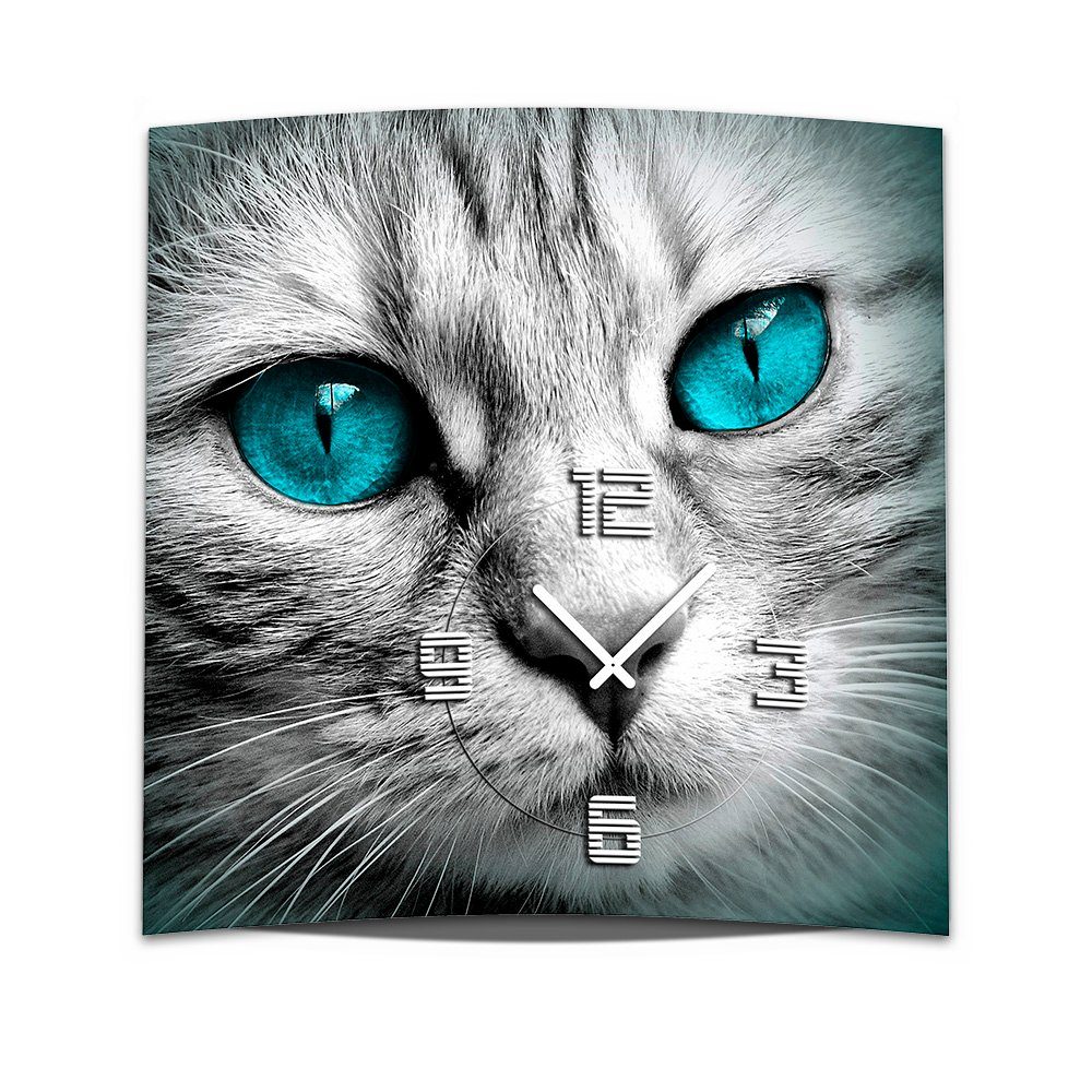 (Einzigartige cm XXL Dixtime 50x50 3D-Optik Uhrwerk Augen Katze leises 3D Wanduhr Wanduhr 4mm Optik Alu-Dibond) aus blaue dixtime