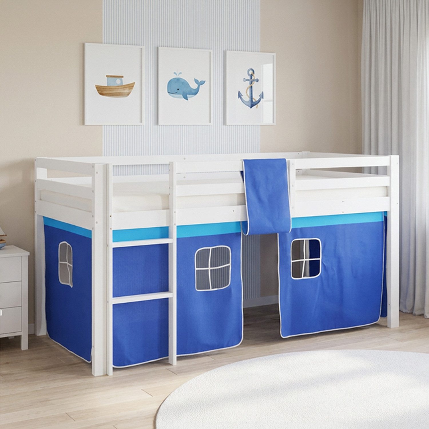Homestyle4u Hochbett Kinder mit Rutsche 90x200 mit / ohne Matratze Holz Blau Jungen Pirat, Junge