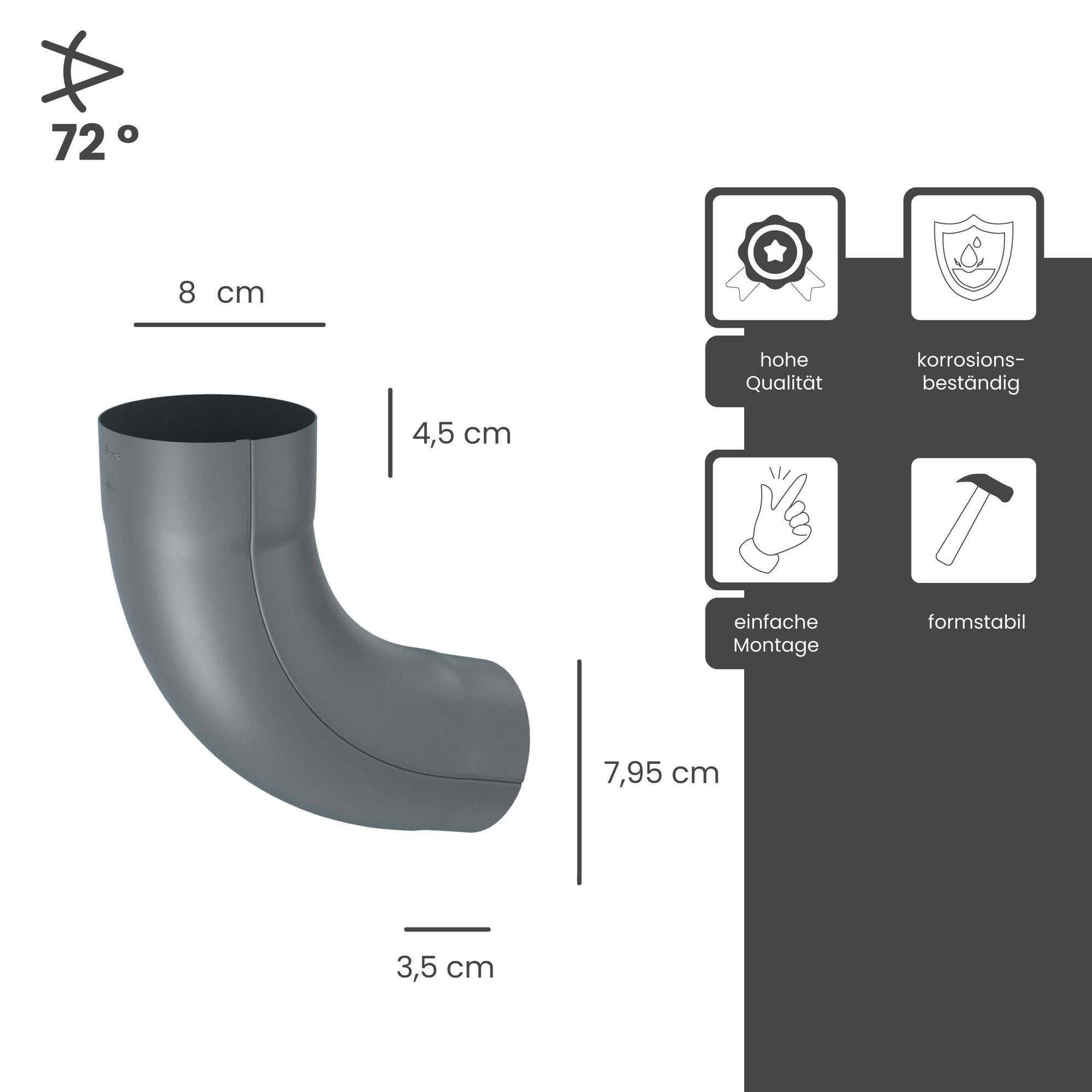 Zambelli Regenfallrohr, (Fallrohrbogen 72 Grad verzinkt, einteilig gefalzt DN 80 Anthrazit), Rohrbogen hoher Korrosionsschutz, einfache Montage ohne löten