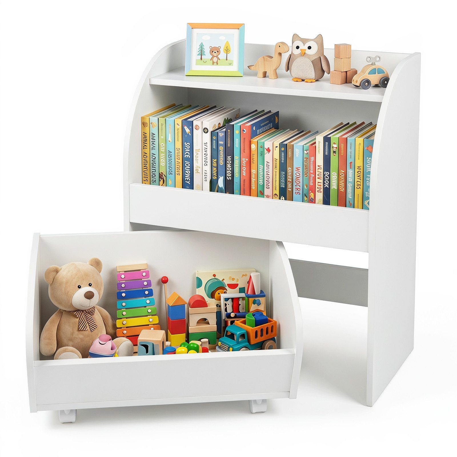 COSTWAY Kinderregal, Bücherregal Kinder aus Holz mit Schublade auf Rollen