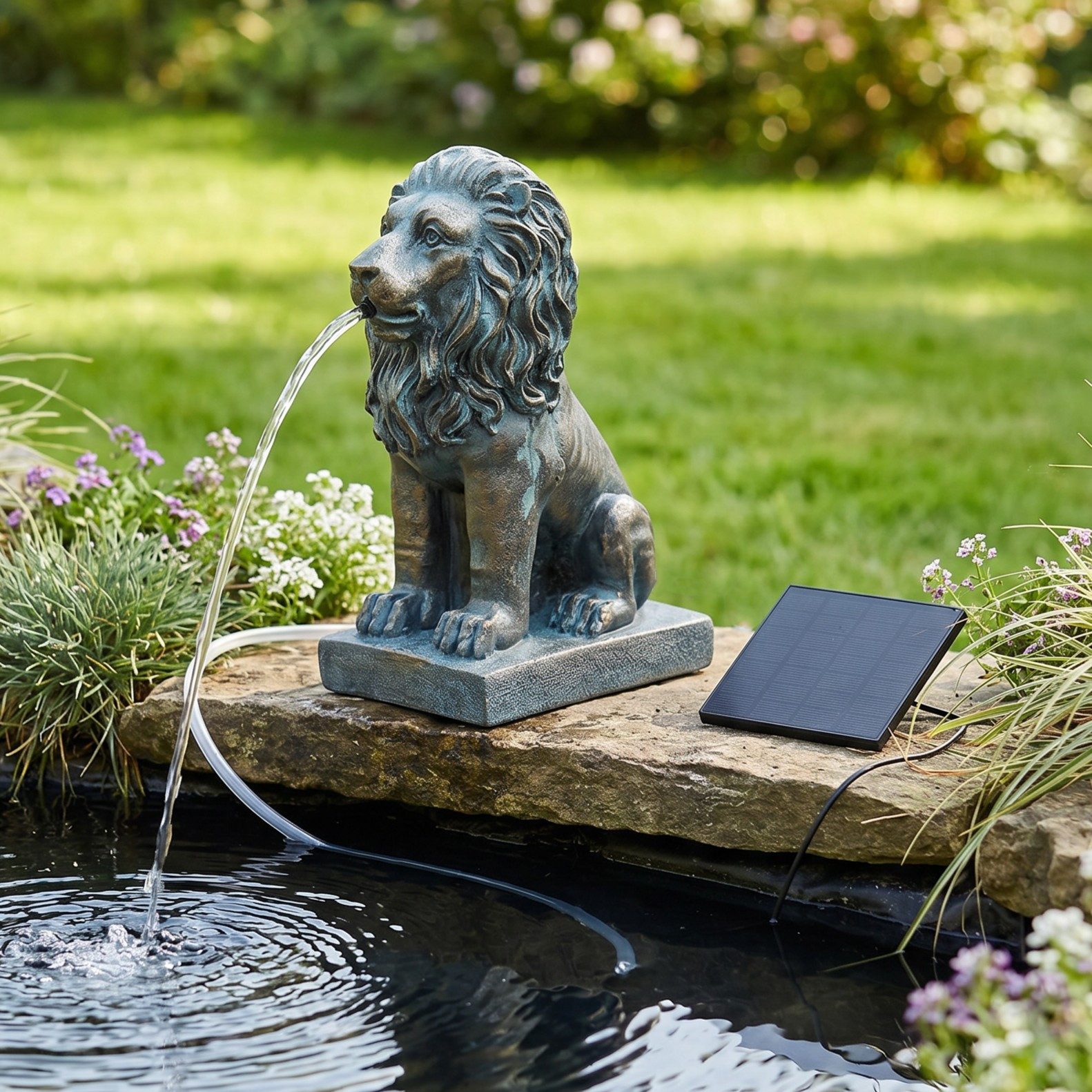 Arnusa Wasserspeier Solar Springbrunnen Löwe mit Pumpe Wasserspiel Teich 21 cm, Teichdekoration Gartenfigur Bronze-Optik
