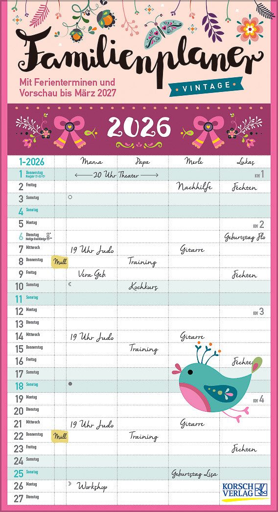 Korsch Verlag Familienkalender Korsch Календари Familienplaner Vintage Zetteltasche 2026