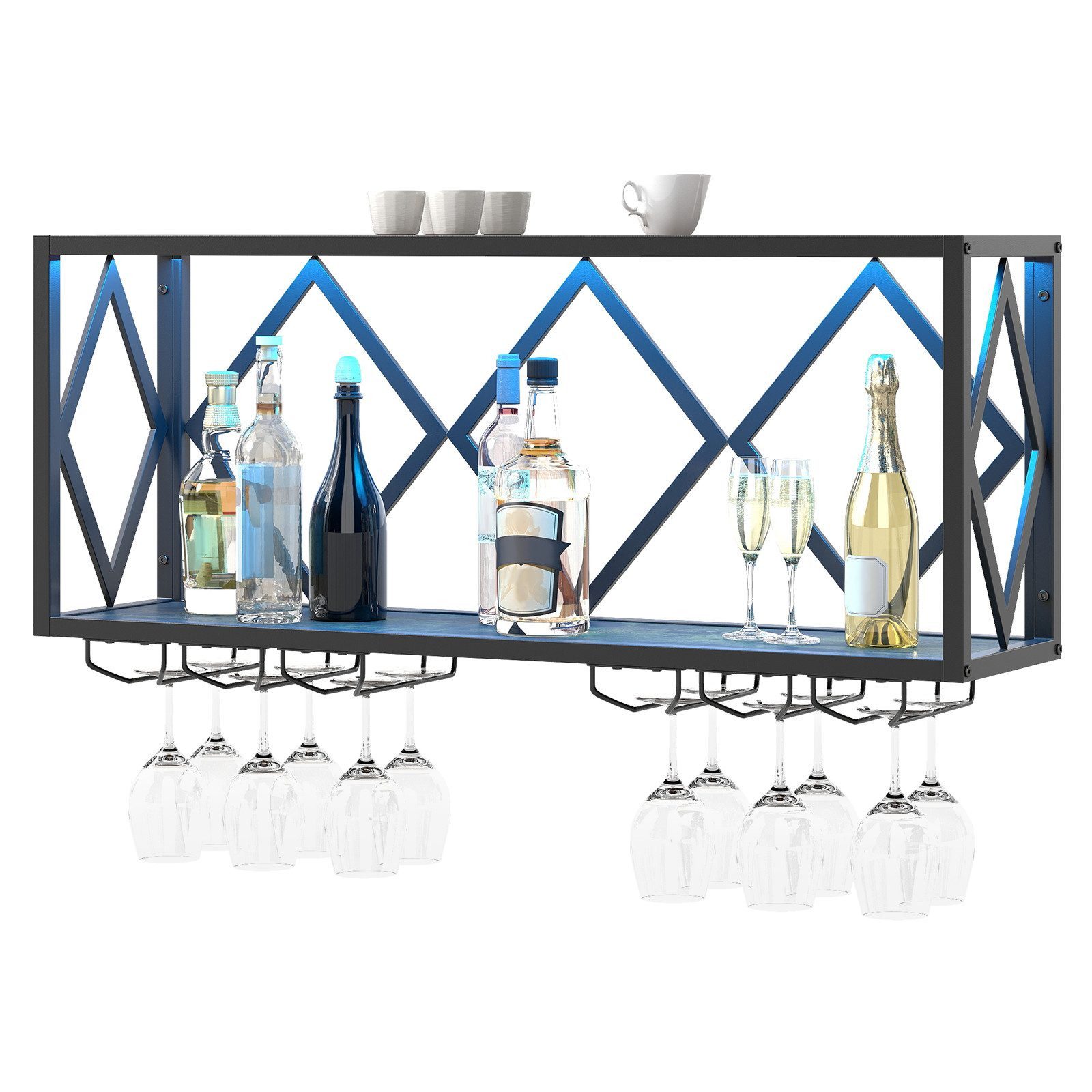 COSTWAY Weinregal, Wand mit LED, 2 Ebenen Flaschenregal Holz für 39 Flaschen