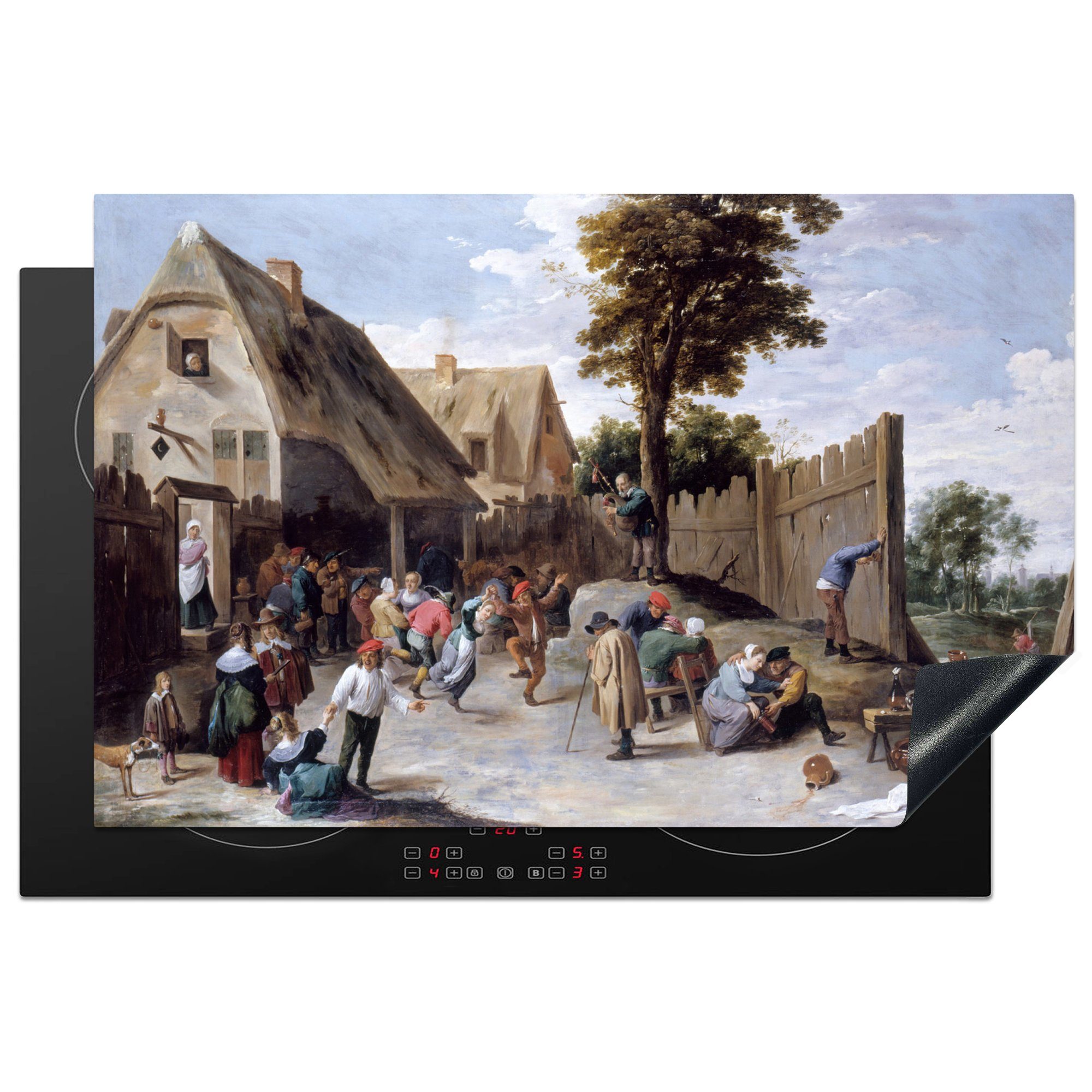 MuchoWow Herdblende-/Abdeckplatte Bauern tanzen vor einer Taverne - Gemälde von David Teniers dem, Vinyl, (1 tlg), 81x52 cm, Induktionskochfeld Schutz für die küche, Ceranfeldabdeckung