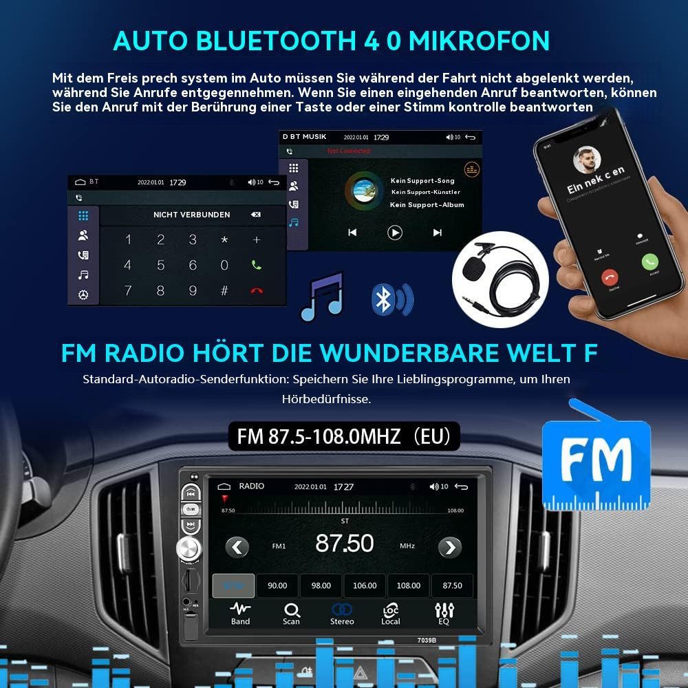 Hikity 1 DIN Autoradio mit Carplay/Android 7" Touch Bluetooth Autoradio (Android Auto, Apple CarPlay, Eingebautes Bluetooth, GPS-Navigation)