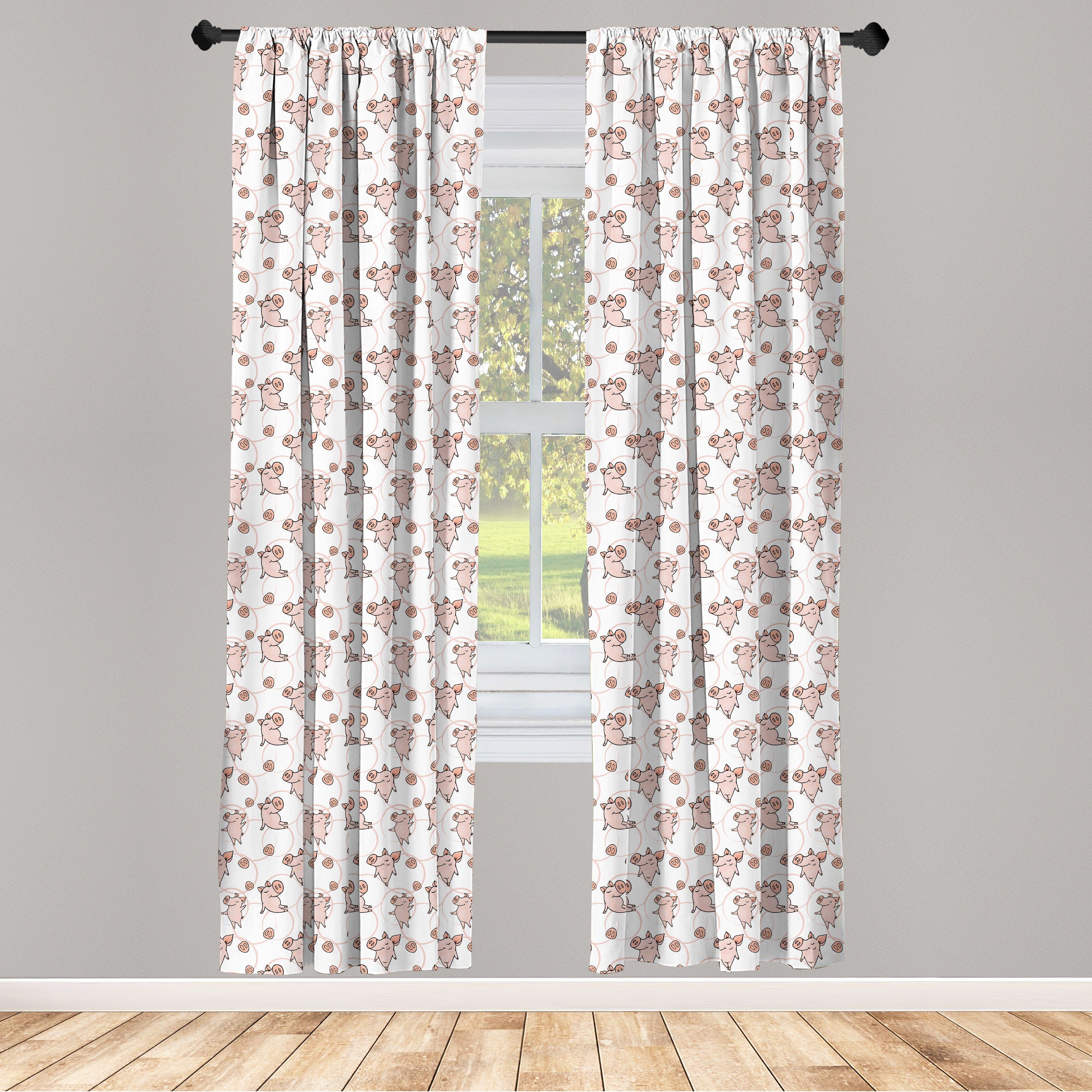 Gardine Vorhang für Wohnzimmer Schlafzimmer Dekor, Abakuhaus, Microfaser, Tierkunst Cartoon-Stil Ferkeln