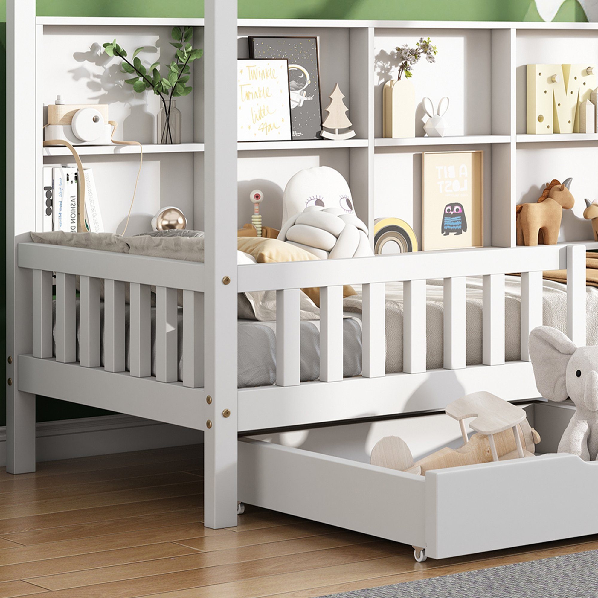 Kinderbett (Hausbett 90x200 cm), mit Bücherregal, zwei Schubladen, Rausfallschutz & Lattenrost, Kiefer