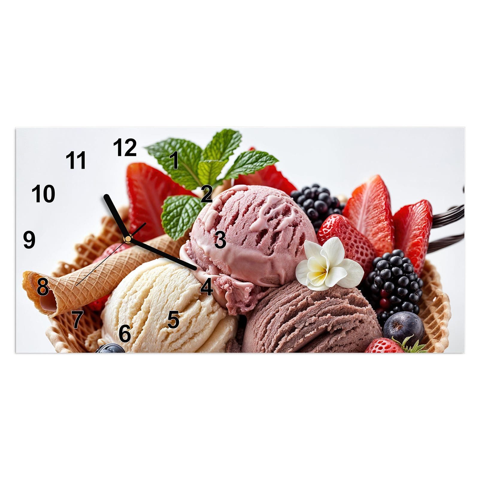 Wanduhr Glasuhr Wandkunst Größe 60 x 30 cm mit Motiv Eiswaffelmit Obst