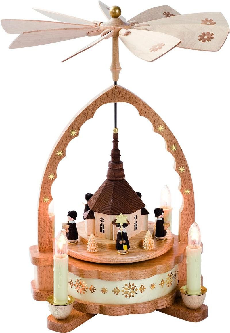 Richard Glaesser Weihnachtspyramide Seiffener Kirche natur, 1 stöckig, elektr. bel. und betr., Höhe 30cm, Handwerkskunst original Erzgebirge