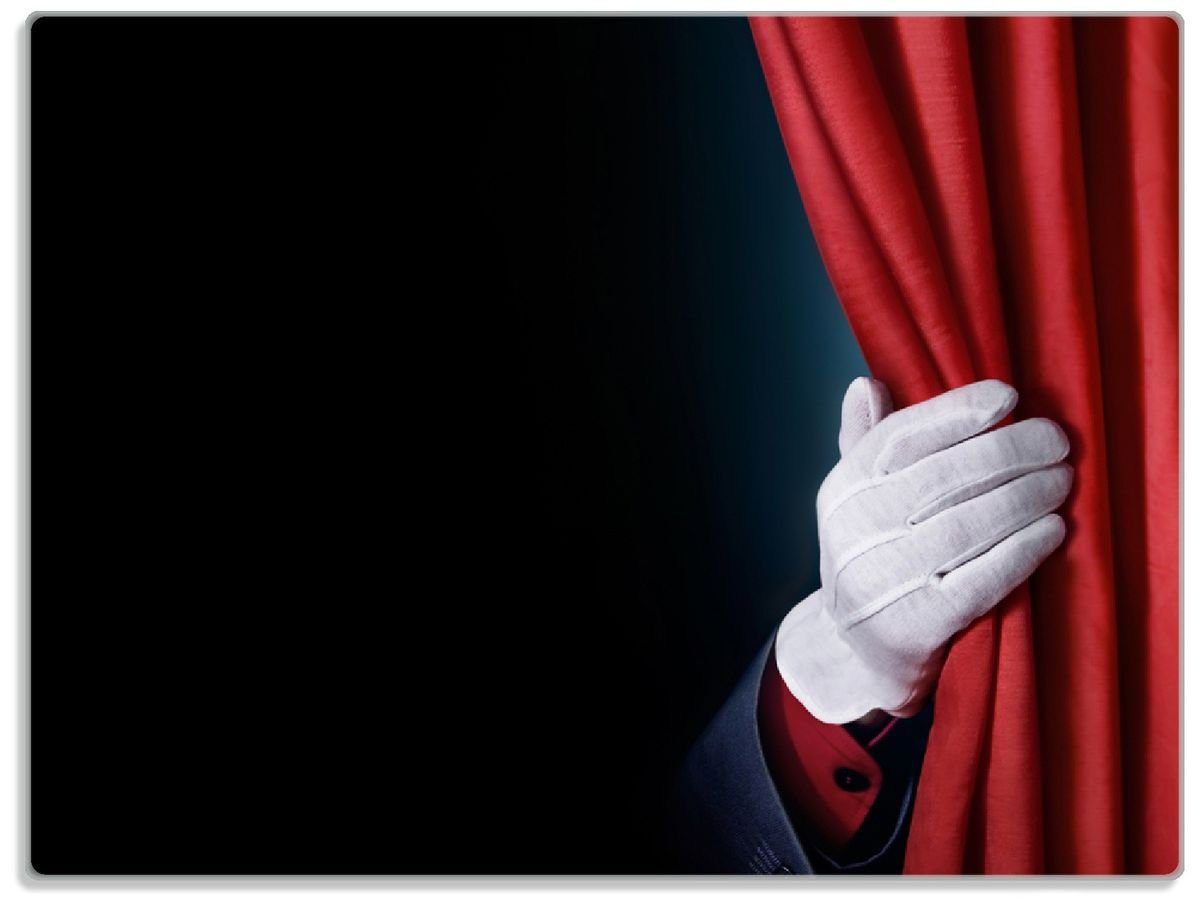 Wallario Schneidebrett Vorhang auf für Show (inkl. 1-St), roten hinterm 4mm, rutschfester 30x40cm Vorhang, Gummifüße die Hand ESG-Sicherheitsglas