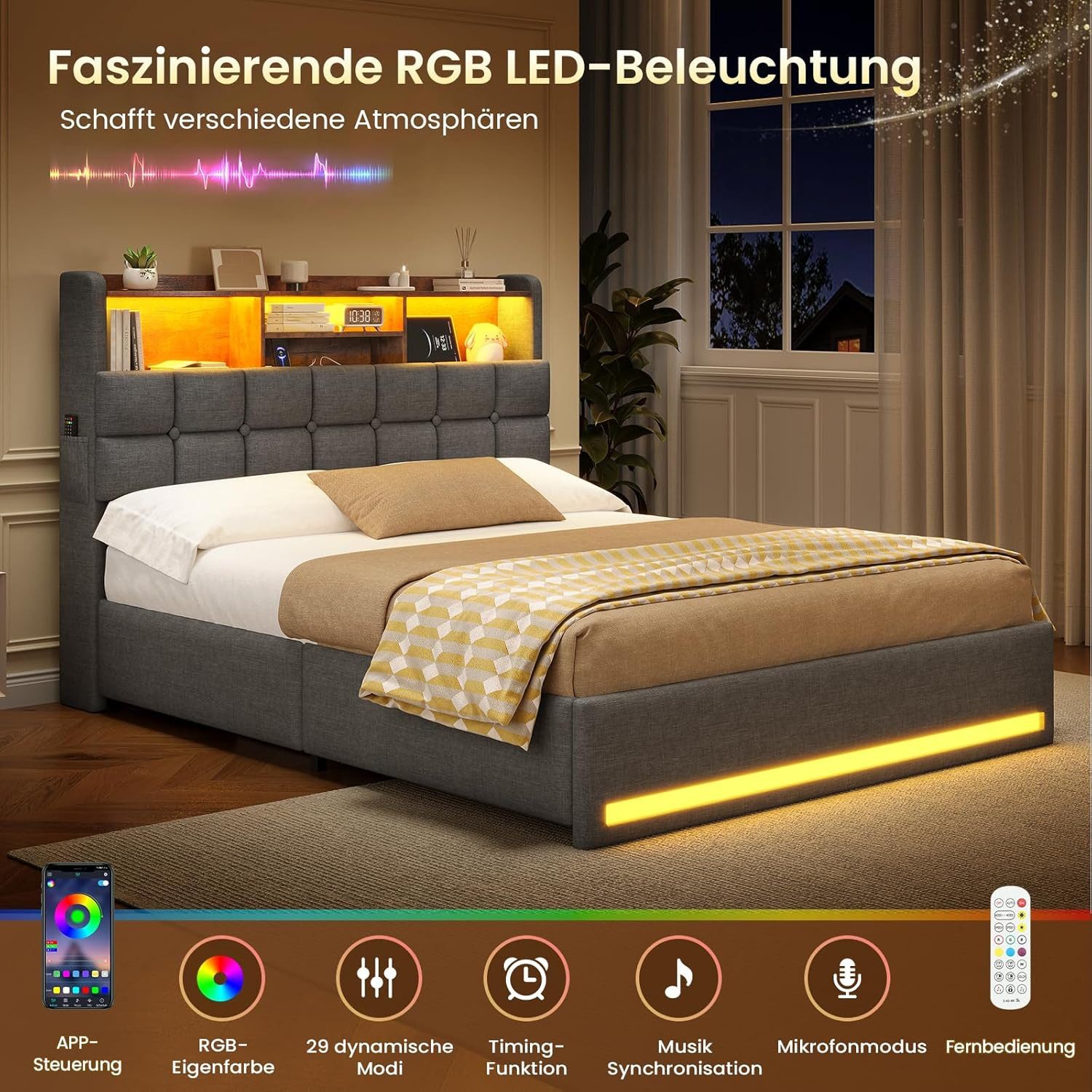 MSMASK Polsterbett Hydraulisches Stauraumbett mit LED-Bleuchtung, 90X200 cm (1-tlg., Ohne Matratze), Jugendbett mit USB- und Type-C-Anschlüsse, Leinenstoff