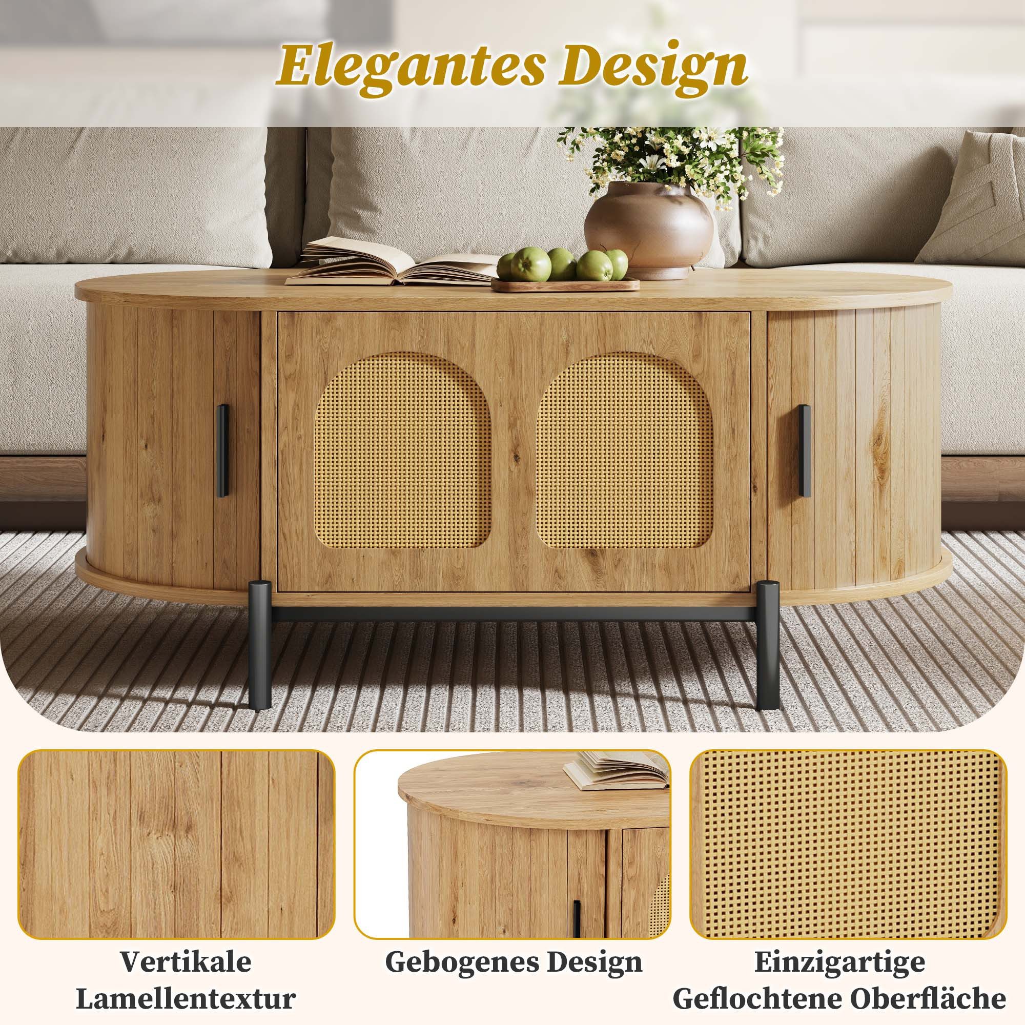 Merax Couchtisch Oval Sofatisch Skandinavisch Beistelltisch mit Rattan-Oberfläche (100 x 50 x 40 cm, 1-St), Wohnzimmertisch mit Klapptür, 2 Schiebetüren, Staura – Bild 5 von 5
