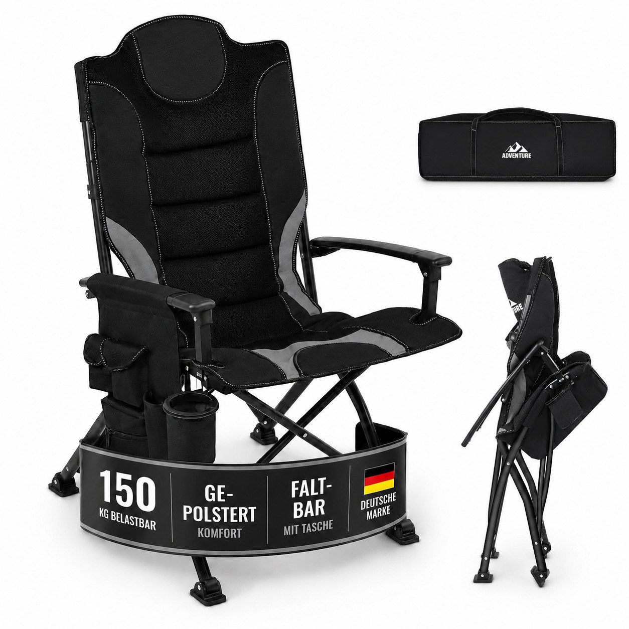 Onbest Campingstuhl faltbar bis 150kg inklusive Tragetasche, Gepolstert, Getränkehalter, Rückentasche