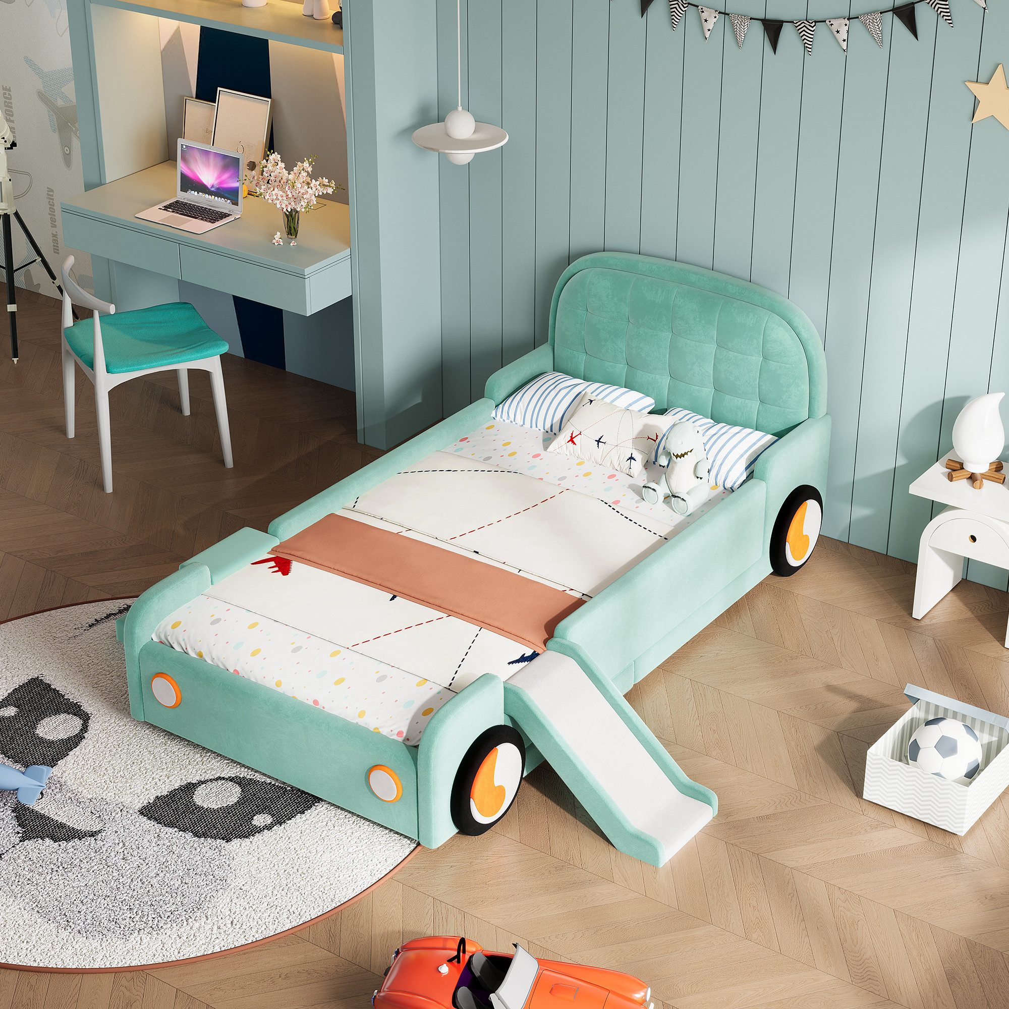 STILVORA Polsterbett 90×200 mit Lattenrost Kinderbett Funktionbett, ohne Matratze (Autobett, mit Rutsche,Seitenschutz, gepolstert, Flexible Montage, niedrige Bauweise, Komfort), für Kinderzimmer, Jugendzimmer, Spielzimmer