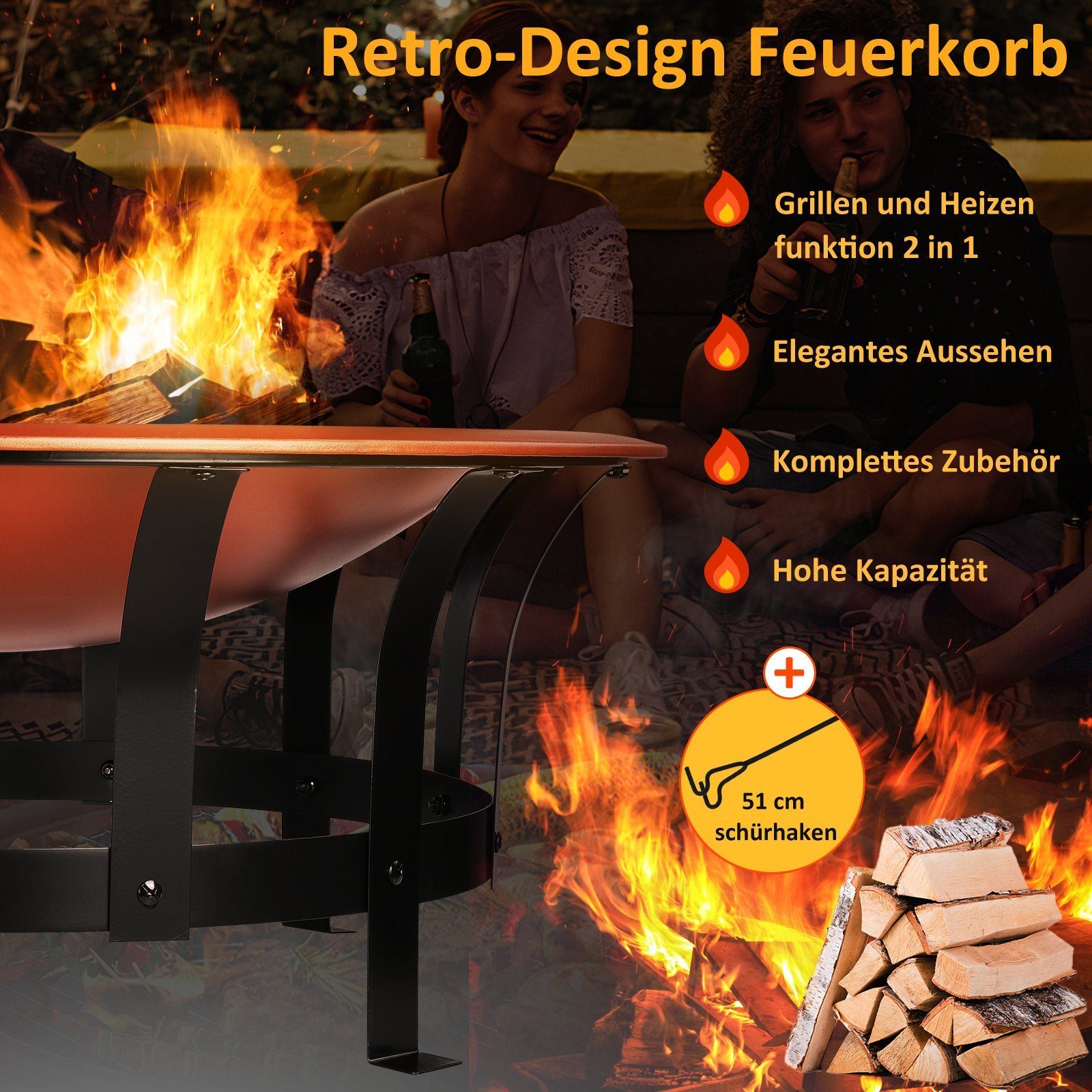 TLGREEN Feuerschale, Ø 76cm Kupferfarbe Feuerkorb, Retro-Design Feuerkorb, mit Funkenschutz&Grillrost