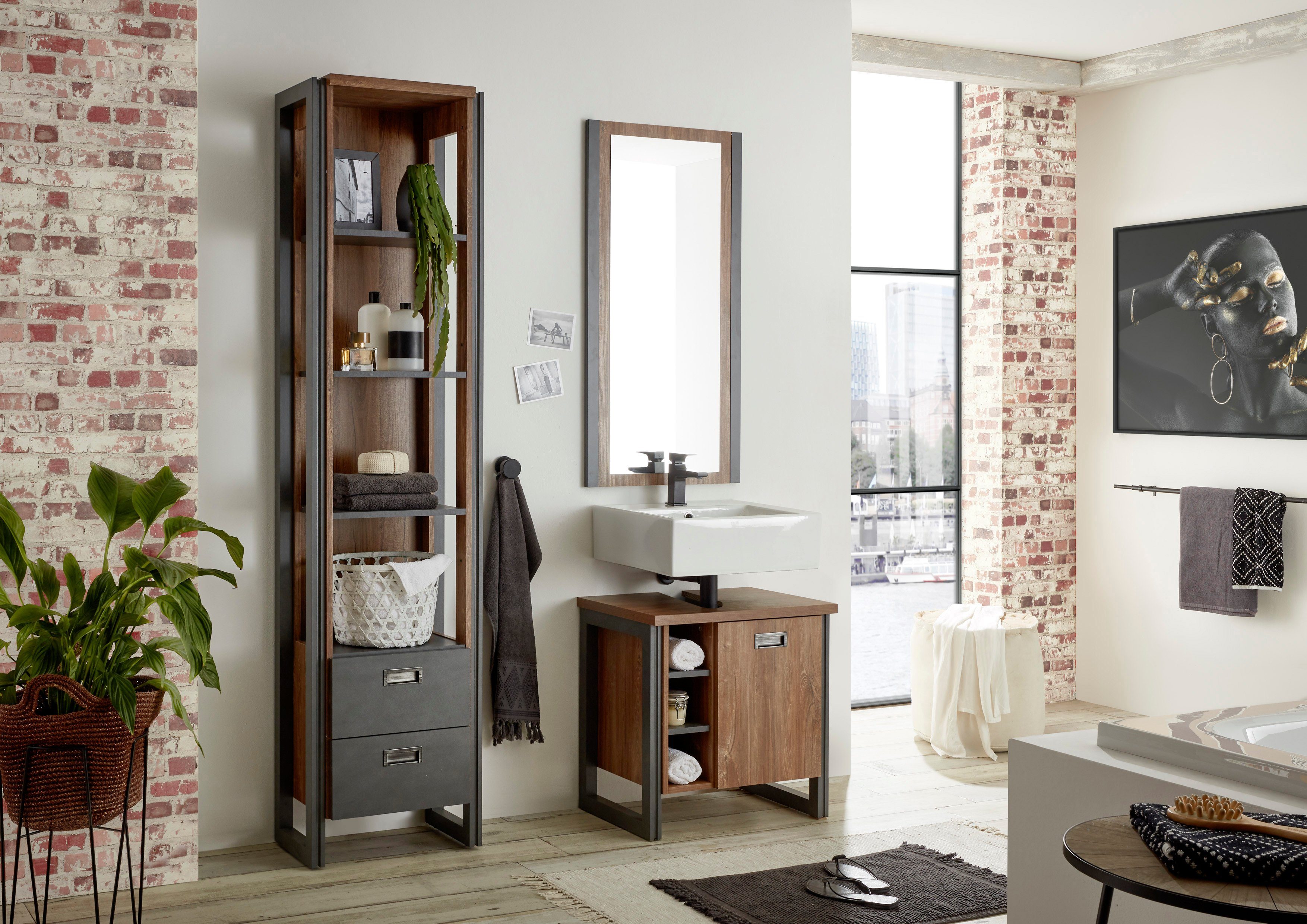 Home affaire Badmöbel-Set Detroit, Bad im Industrialdesign, 3-teiliges Badezimmer, (Set, 3-St), Unterschrank, Regal & Spiegel, holzfarben, offene Fächer & Stauraum