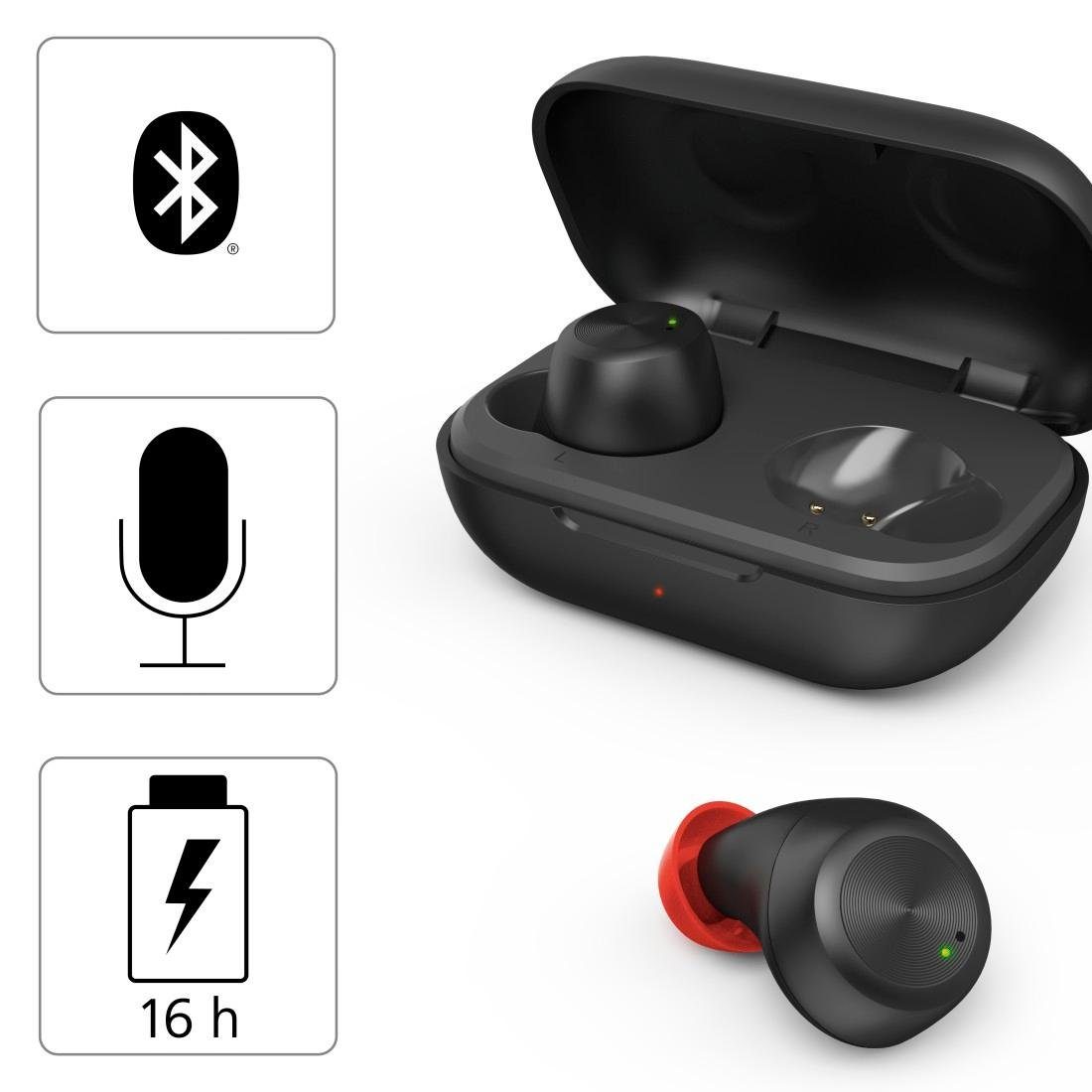 Hama Bluetooth-Kopfhörer True Now, mit Google (Freisprechfunktion, für Bluetooth, In-Ear 4 für Musik, Alltag, Steuerung Assistant, Spritzwasserschutz, Sprachsteuerung, Bluetooth-Kopfhörer Sport Siri, Wireless, AVRCP Wireless integrierte True Google Bluetooth, ultraleicht, kompatibel Ladebox) A2DP Anrufe IPX Sprachsteuerung Siri, und schwarz und HFP