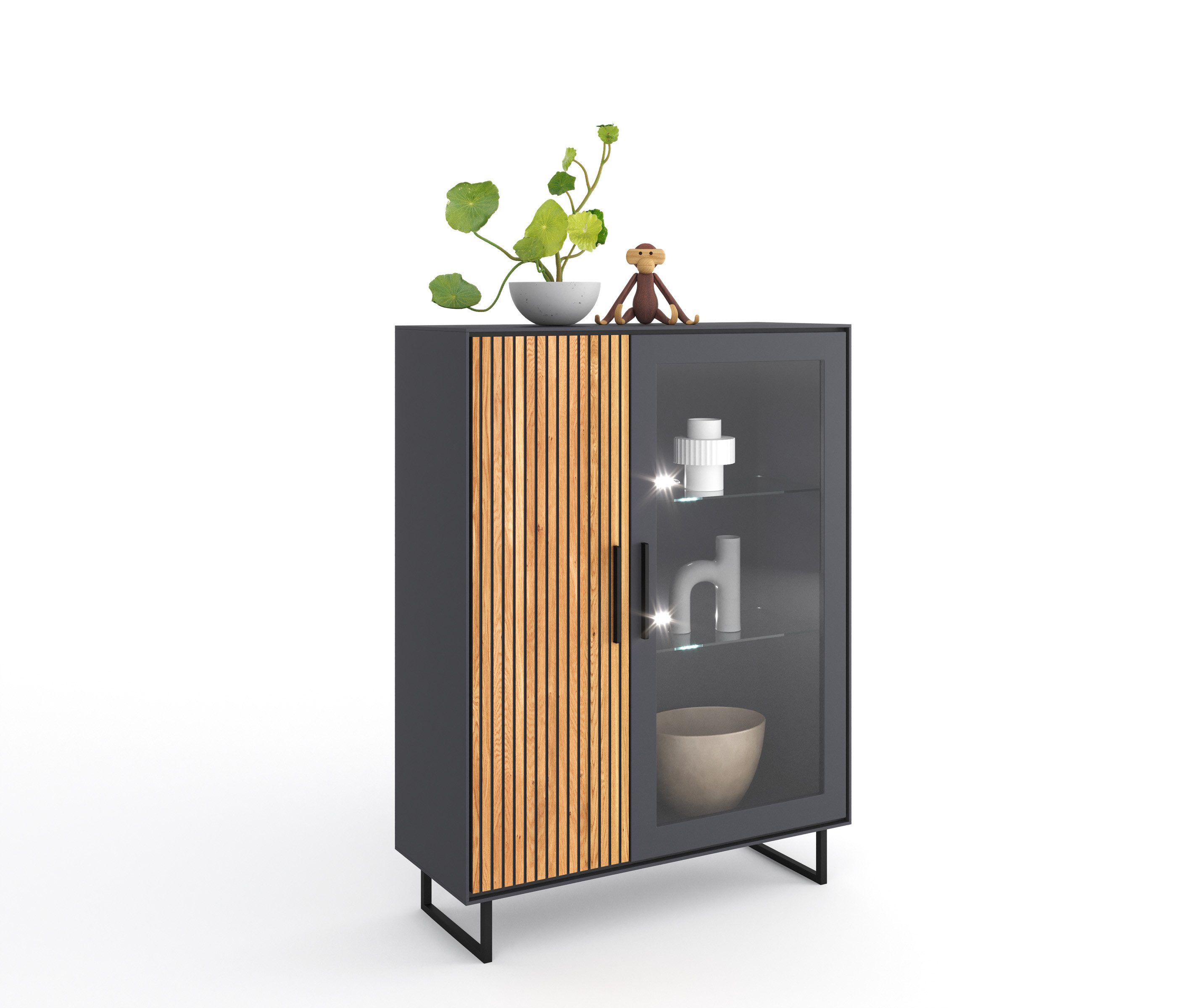 ELFO Vitrine in Eiche / anthrazit, Eiche teilmassiv - 102x147x40cm (BxHxT)