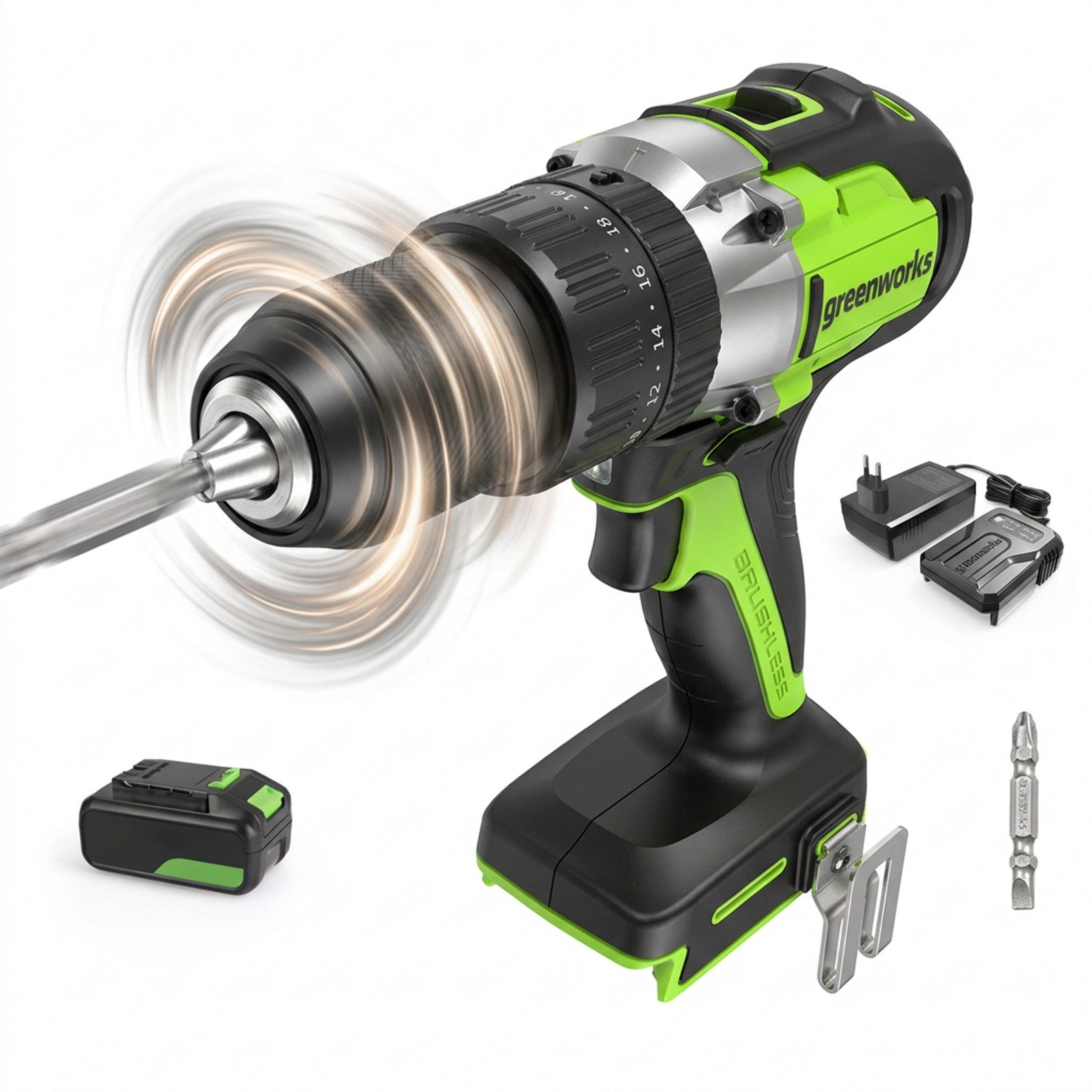 Greenworks Akku-Schlagbohrschrauber Akku-Bohrschrauber 24V Brushless, 60 Nm, 13 mm Schnellspannbohrfutter, max. 1750 U/min, (Garantie: 3 Jahre), mit Ladegerät, für Gartenprojekte, Heimstudios und Büros