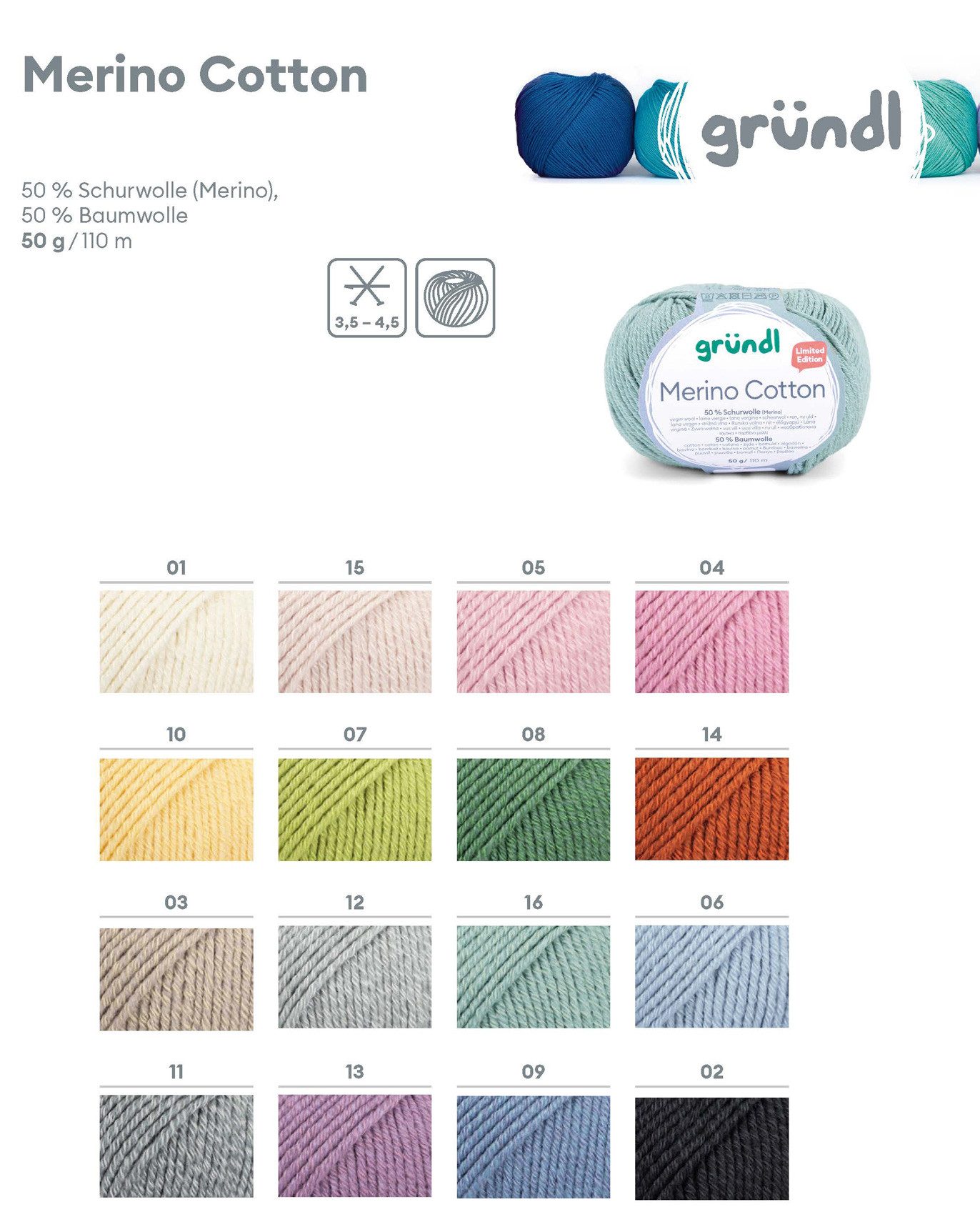 Gründl Wolle Merino Cotton Ganzjahresgarn aus Naturfasern Häkelwolle, 110 m (50g, Wolle zum stricken und häkeln), 50 % Schurwolle (Merino), 50 % Baumwolle