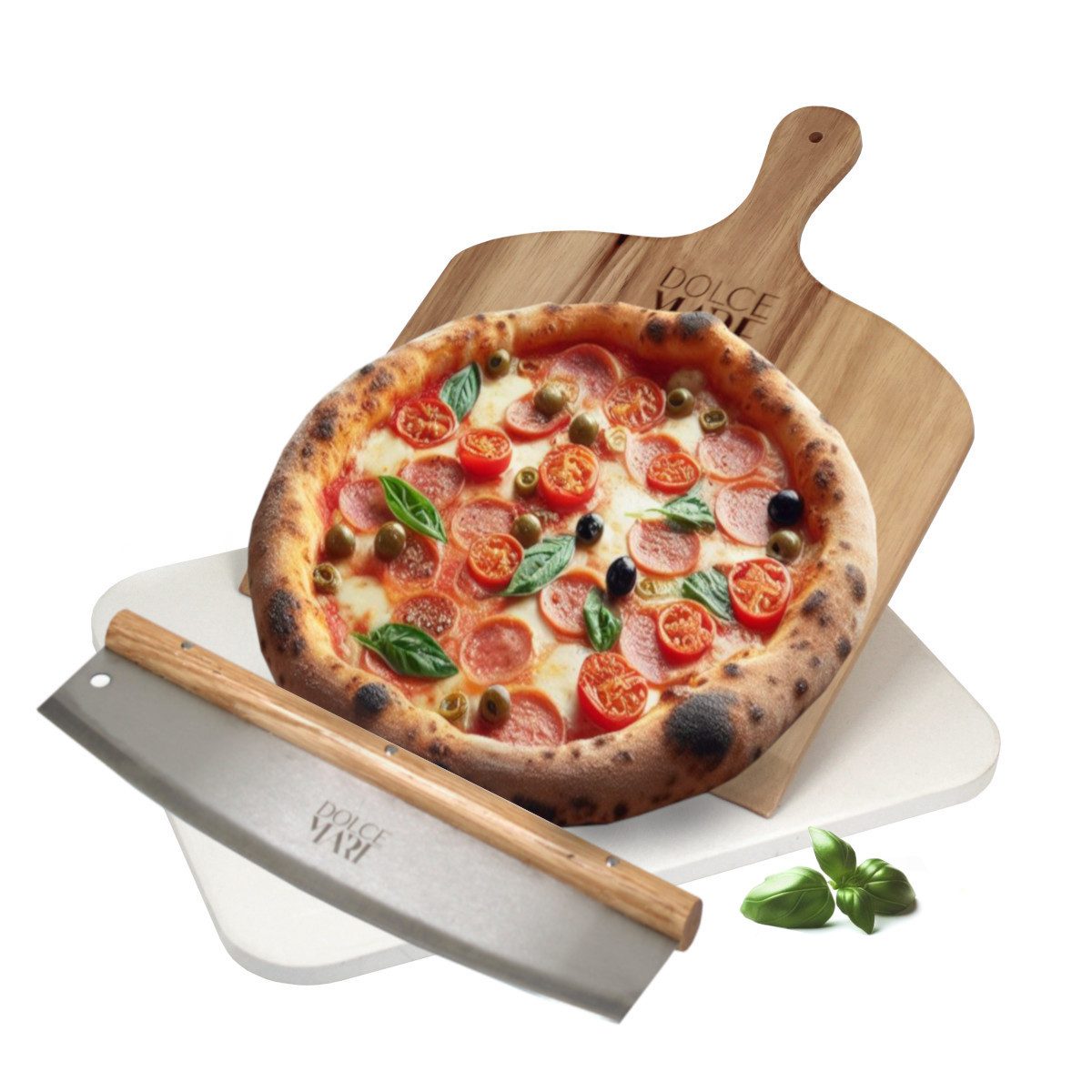 Dolce Mare Pizzastein Set Weiss Holz Pizzaschieber Edelstahl Pizzaschneider